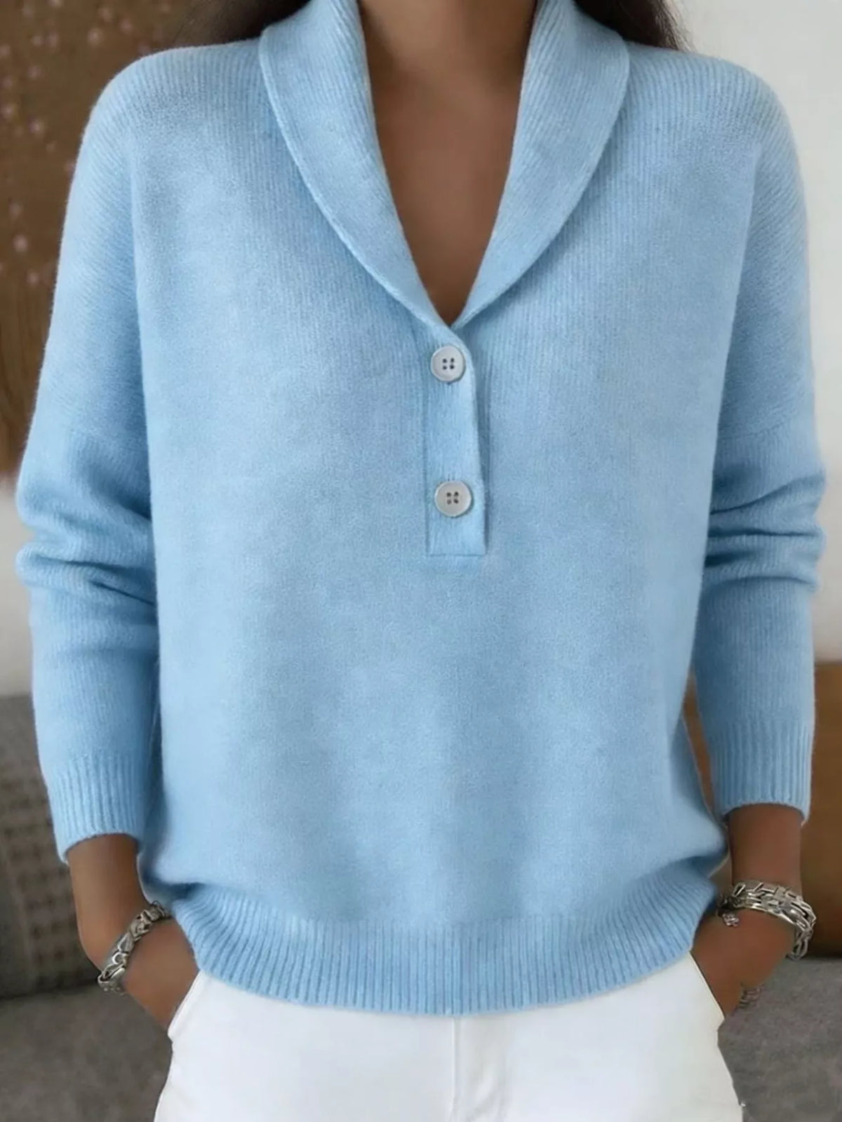 Shawl Collar Button Detail Sweater in Light Blue