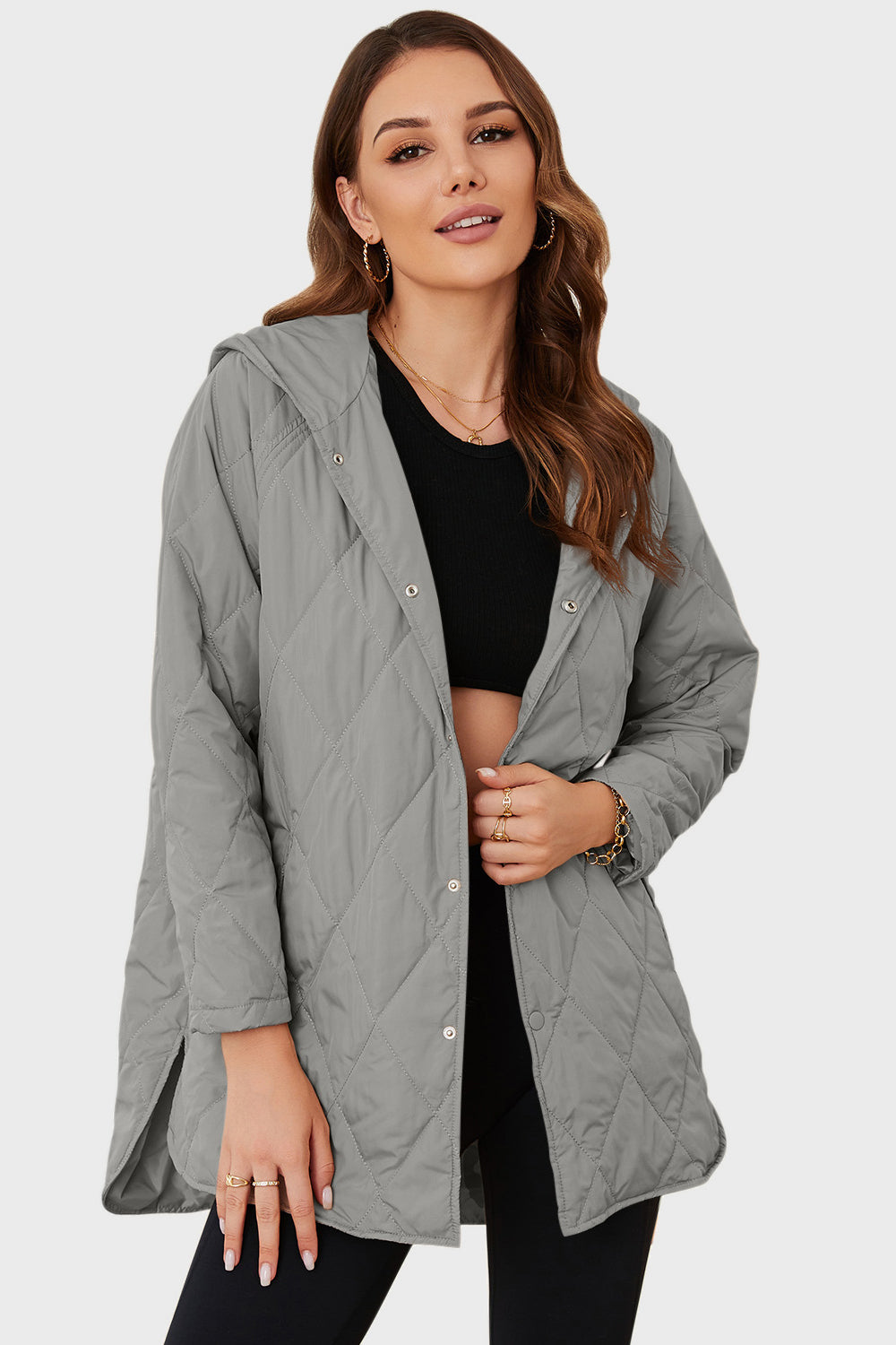 Snap Down Hooded Slit Winter Coat - Lilixa.store