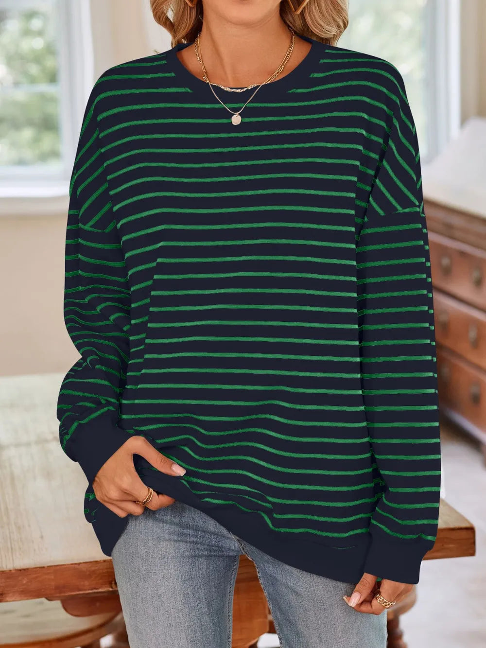 Lovelet Striped Round Neck Long Sleeve Sweatshirt, view 30