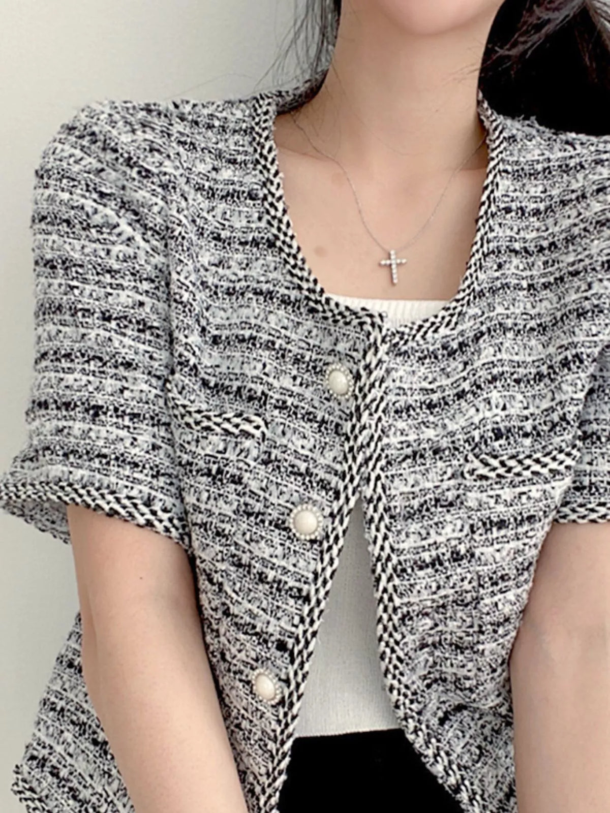 Pearl Button Short Sleeve Tweed Outerwear, view 4