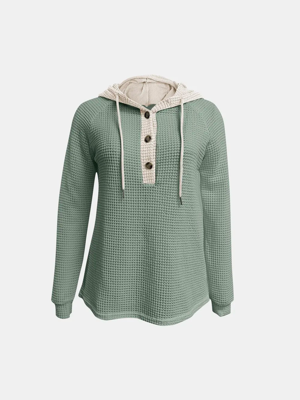 Full Size Waffle-Knit Contrast Long Sleeve Hoodie - Lilixa.store