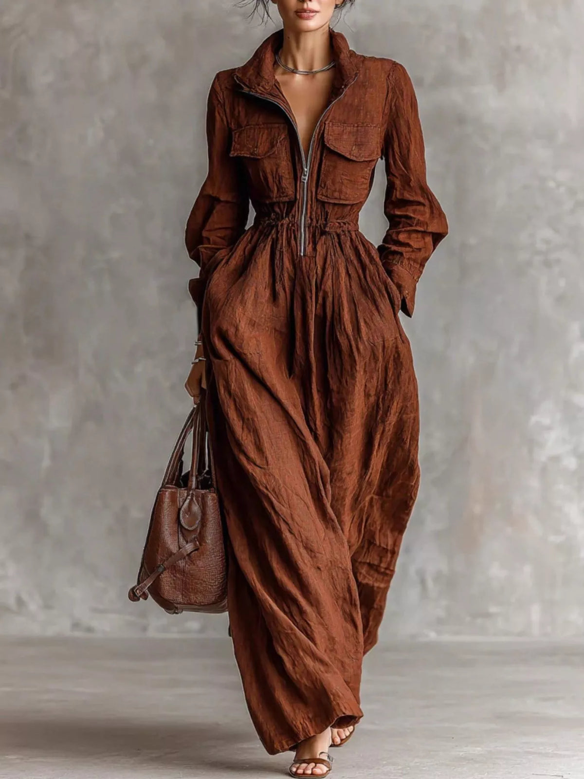 Zip-Front Long Sleeve Maxi Shirt Dress, view 3