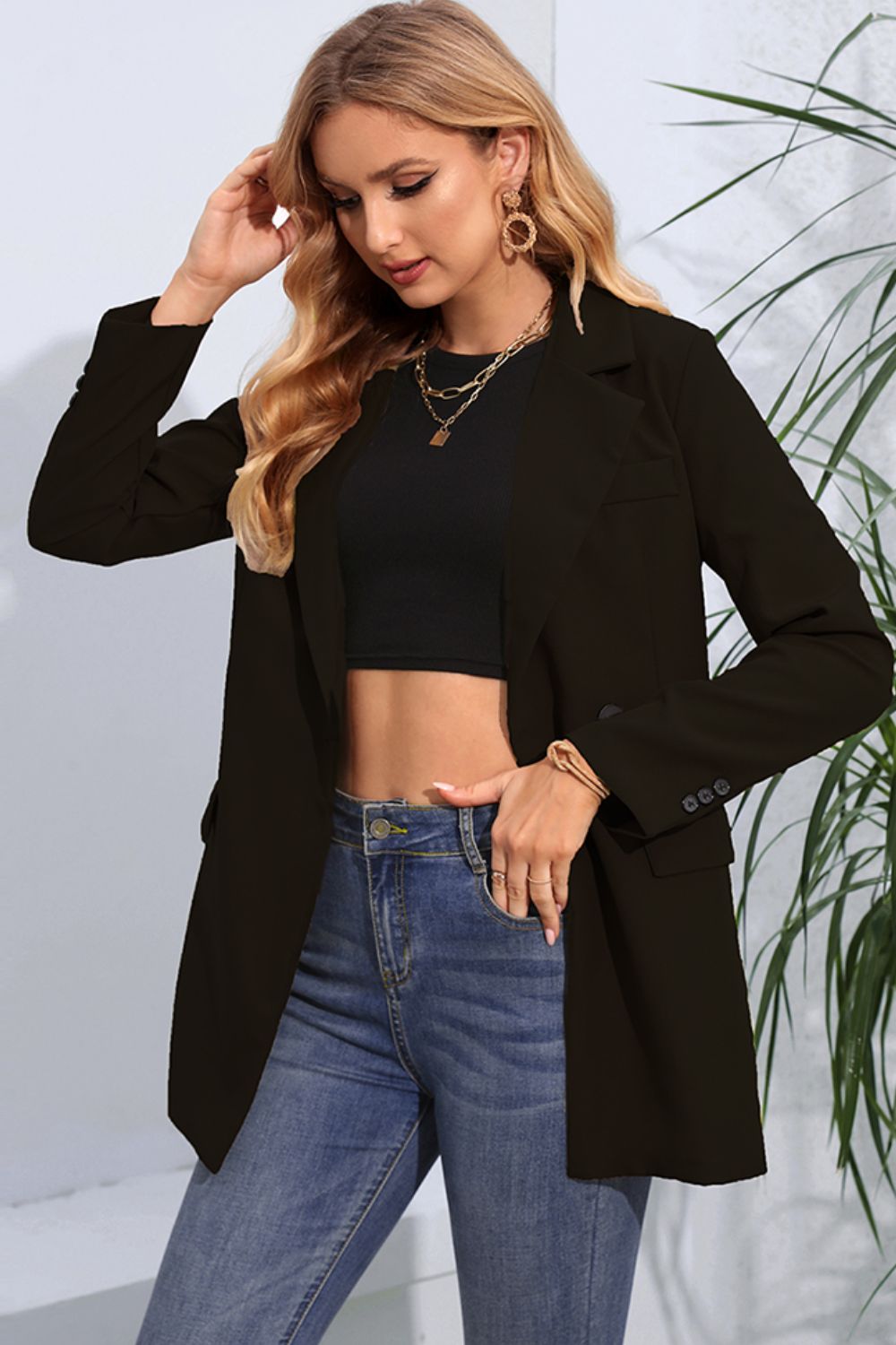 Lapel Neck Long Sleeve Blazer with Pockets - Lilixa.store