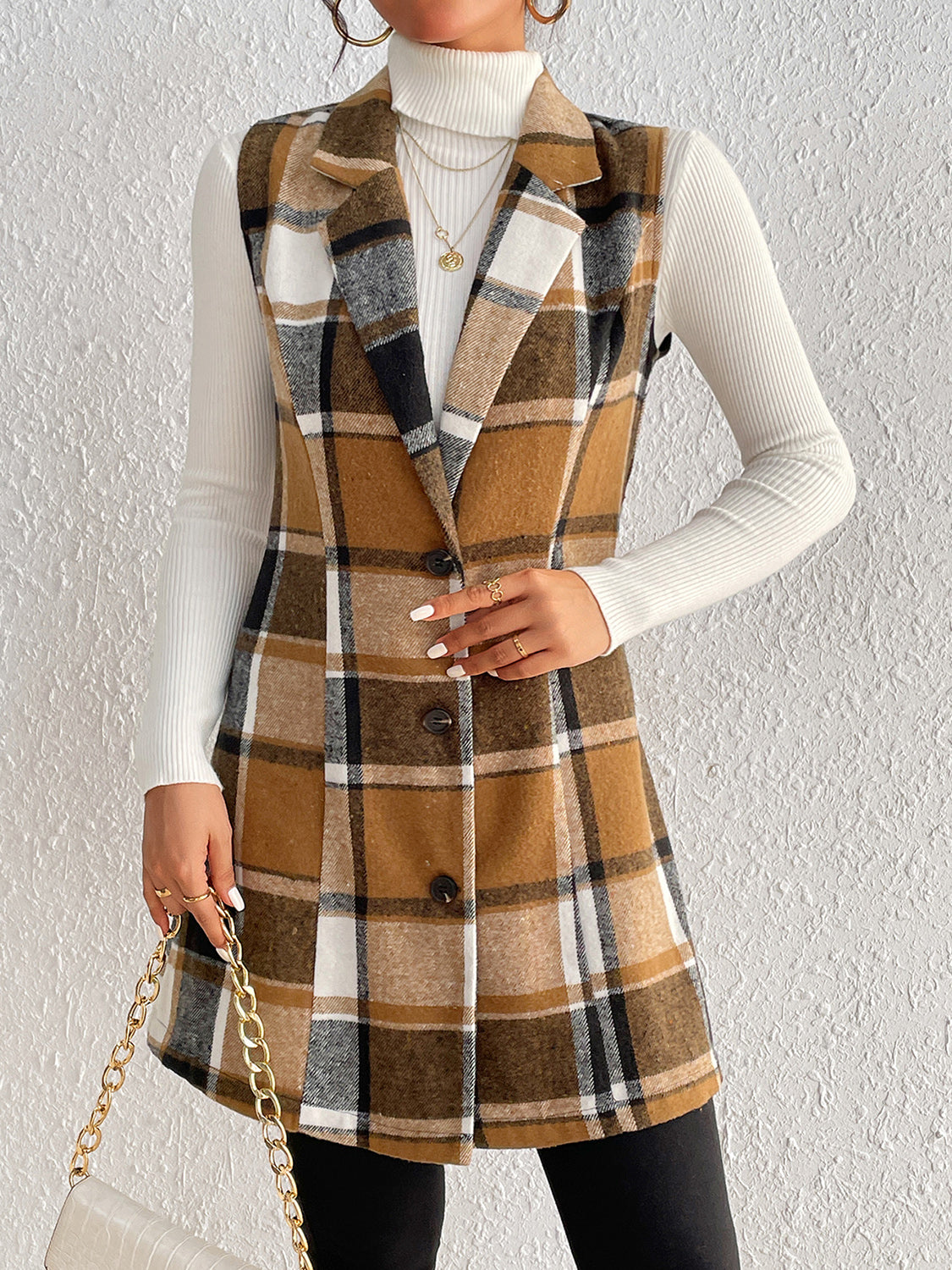 Honey Plaid Lapel Collar Vest in Camel, view 4