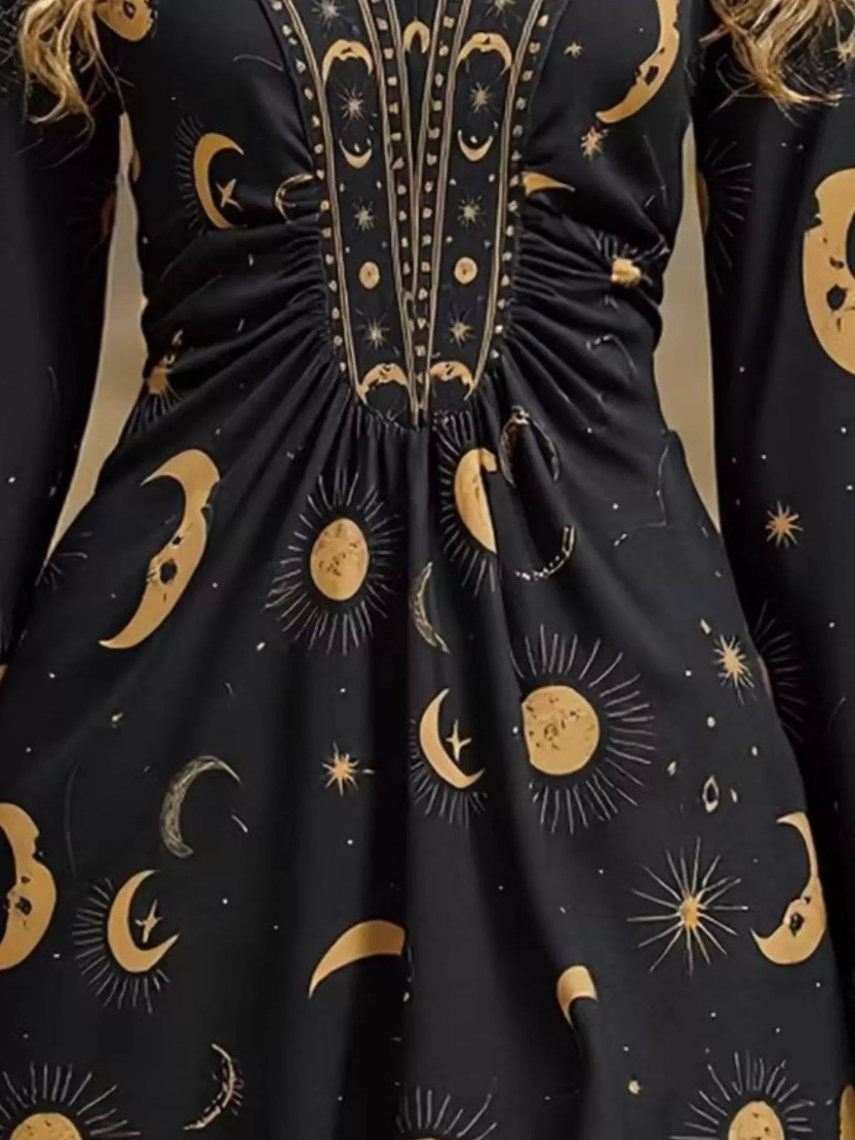 Printed V-Neck Flare Sleeve Dress