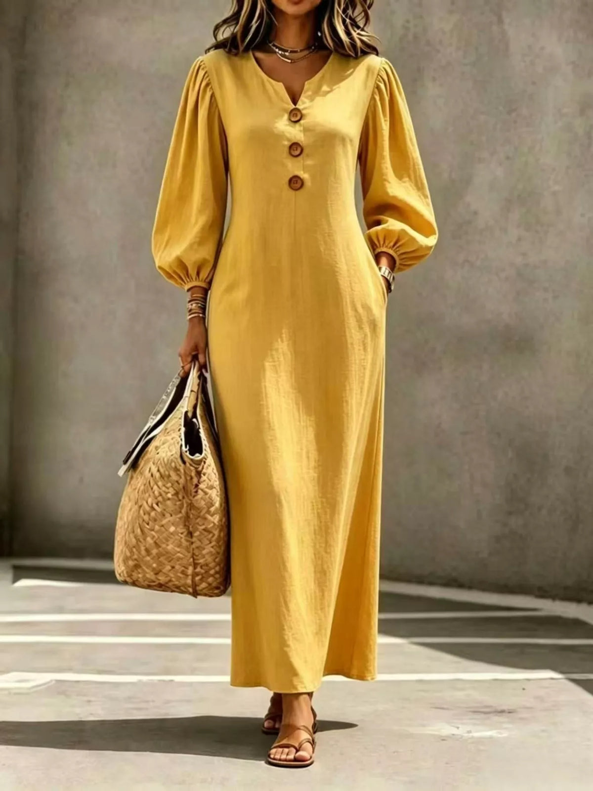 Decorative Button Balloon Sleeve Maxi Dress - Lilixa.store