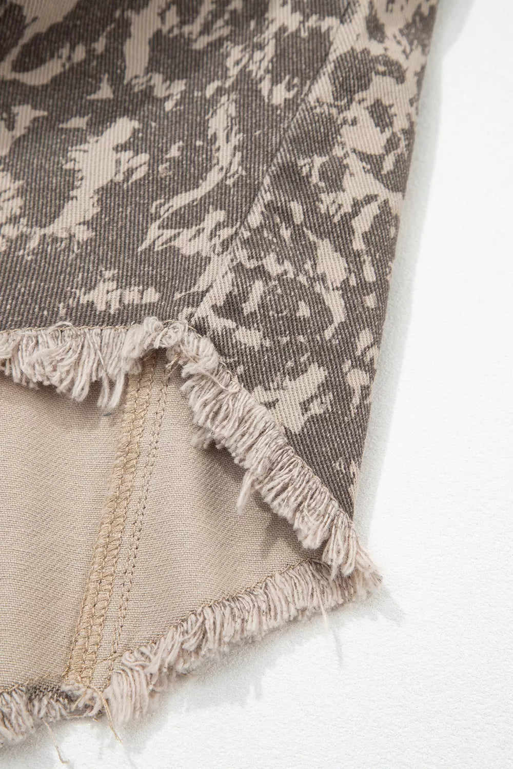 Abstract Print Long Sleeve Collar Raw Hem Denim Jacket in Mocha, view 13