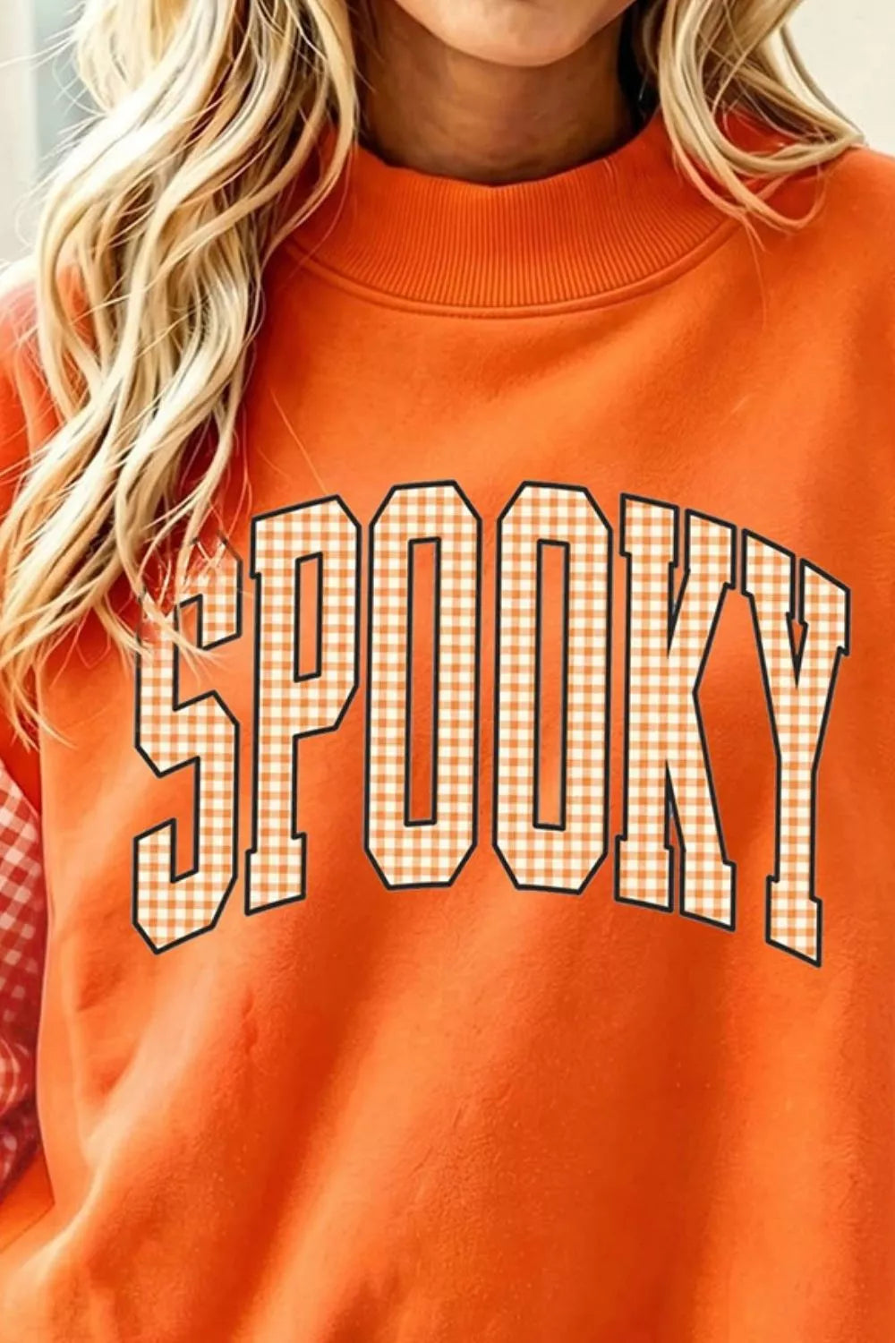 Plaid Contrast Sleeve SPOOKY Letter Graphic Sweatshirt - Lilixa.store
