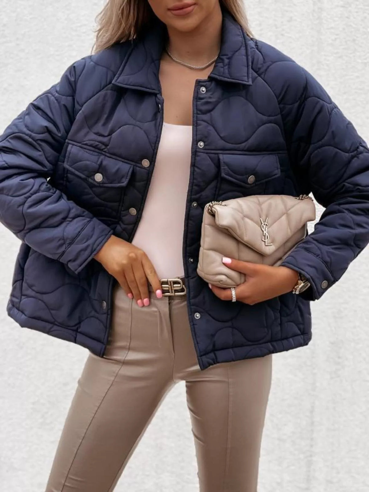 Quilted Snap-Down Casual Jacket in Navy Blue