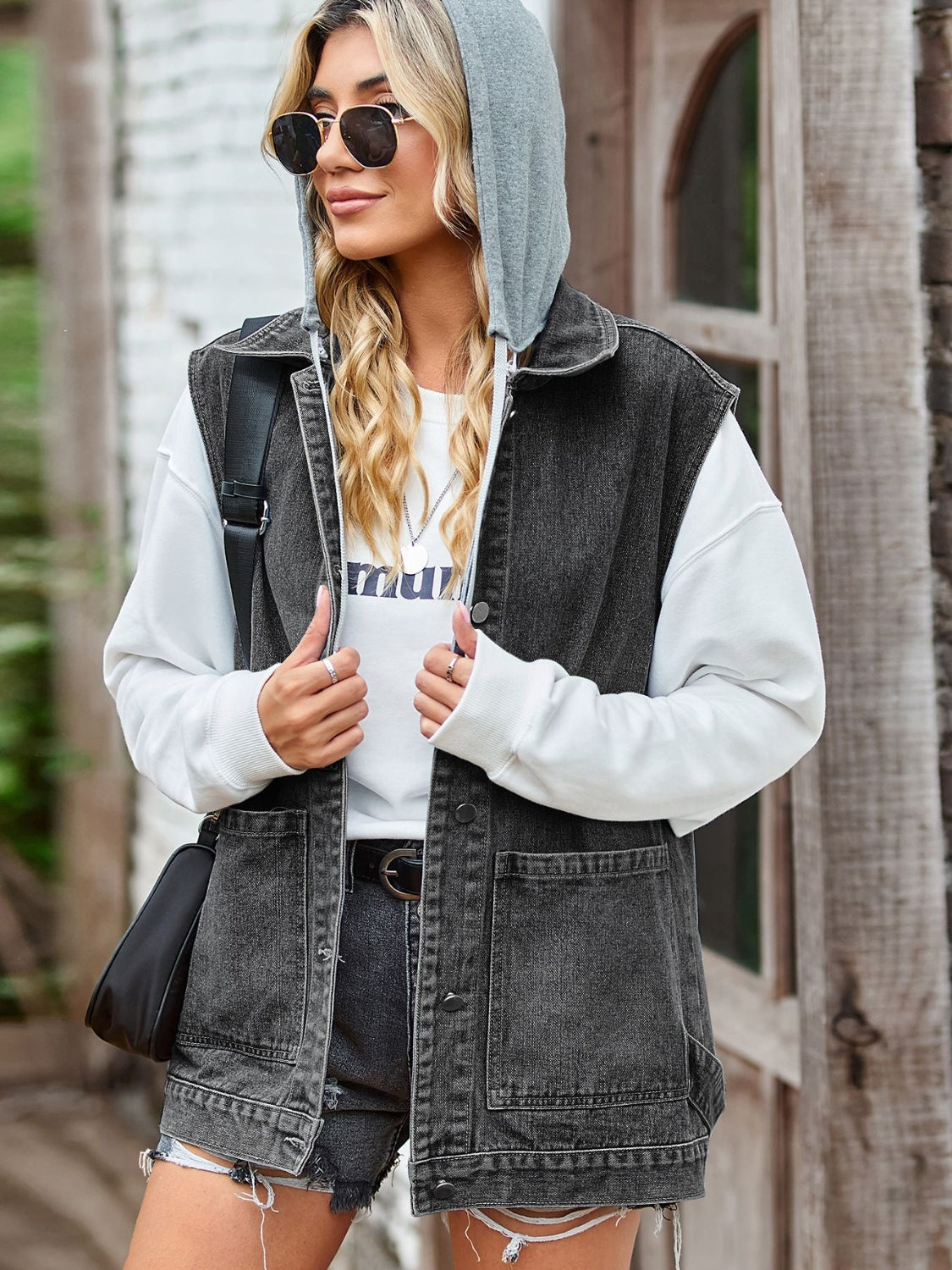 Button Up Sleeveless Denim Jacket with Pockets in Black, view 4