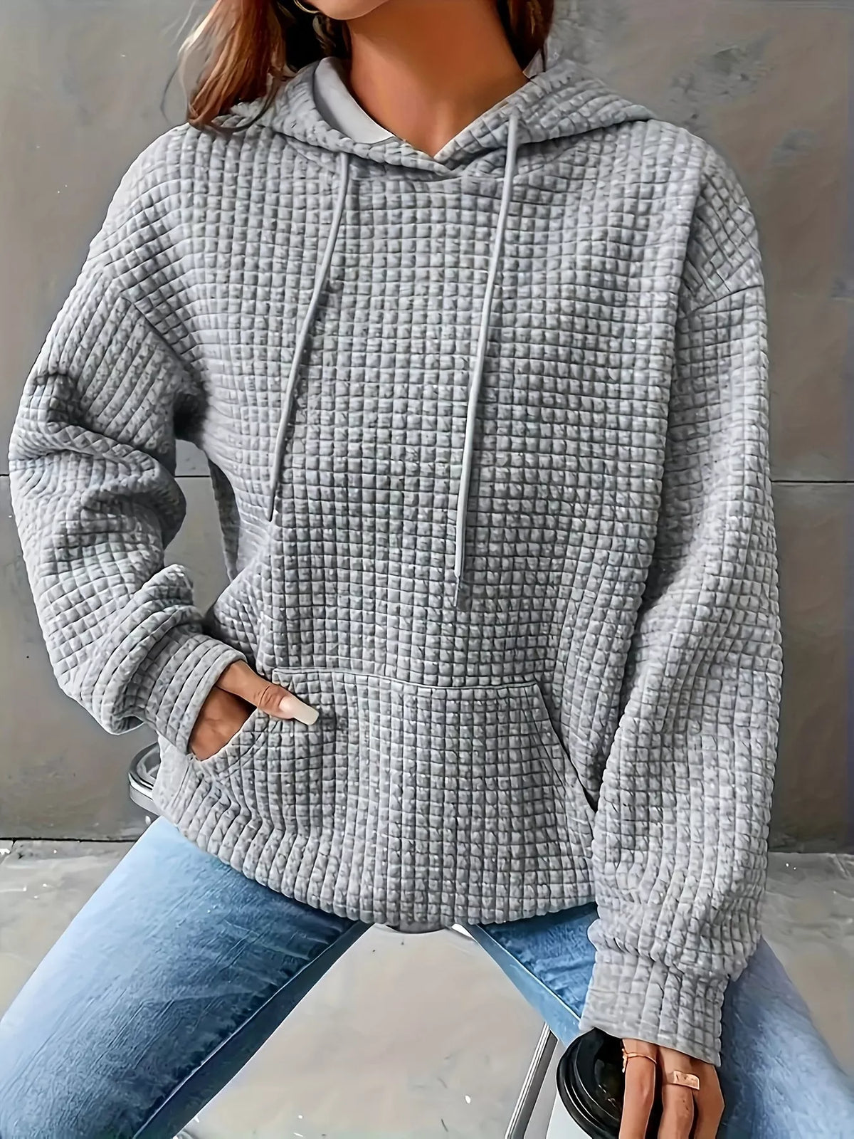 Textured Knit Drawstring Hoodie - Lilixa.store