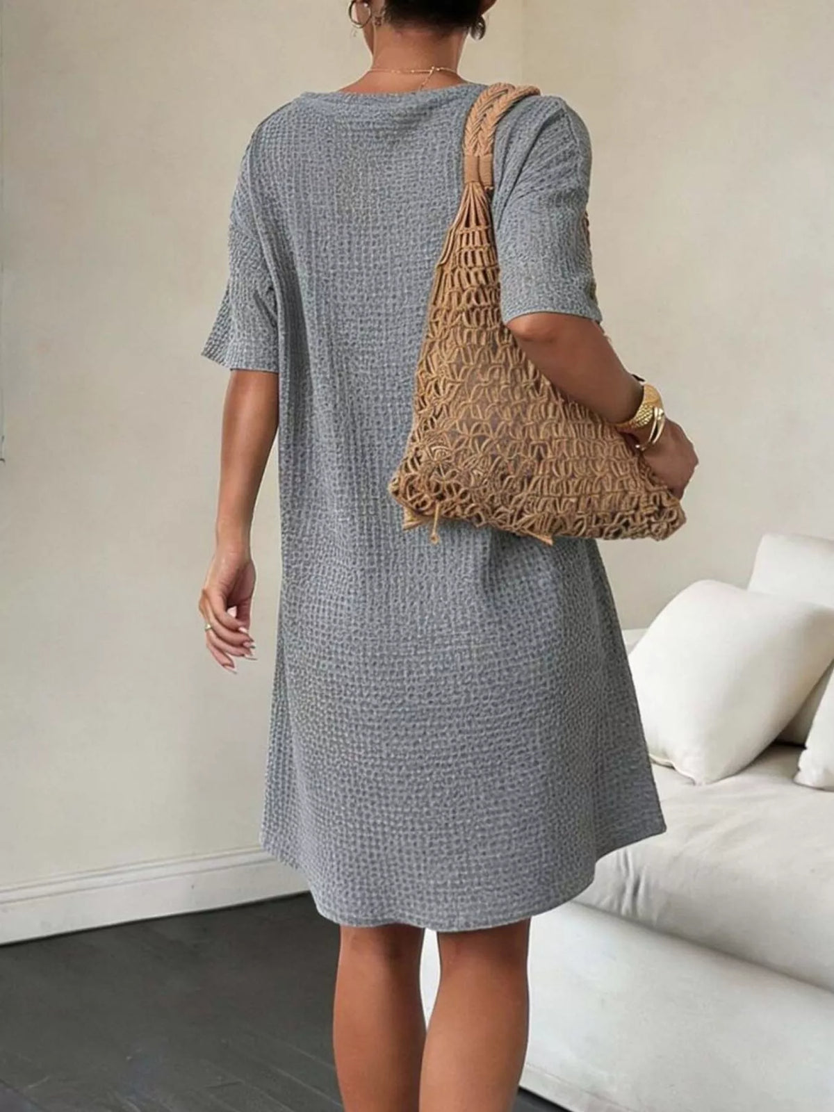 Button-Front Short Sleeve Dress - Lilixa.store