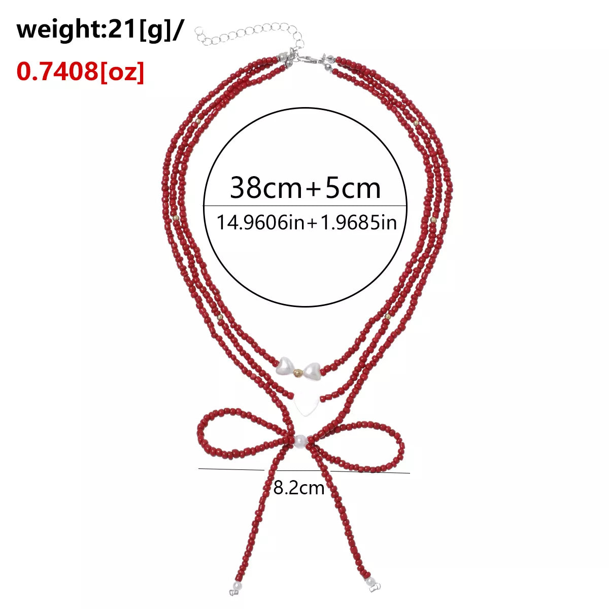 Beaded Bow Necklace with Heart Pendants - Lilixa.store