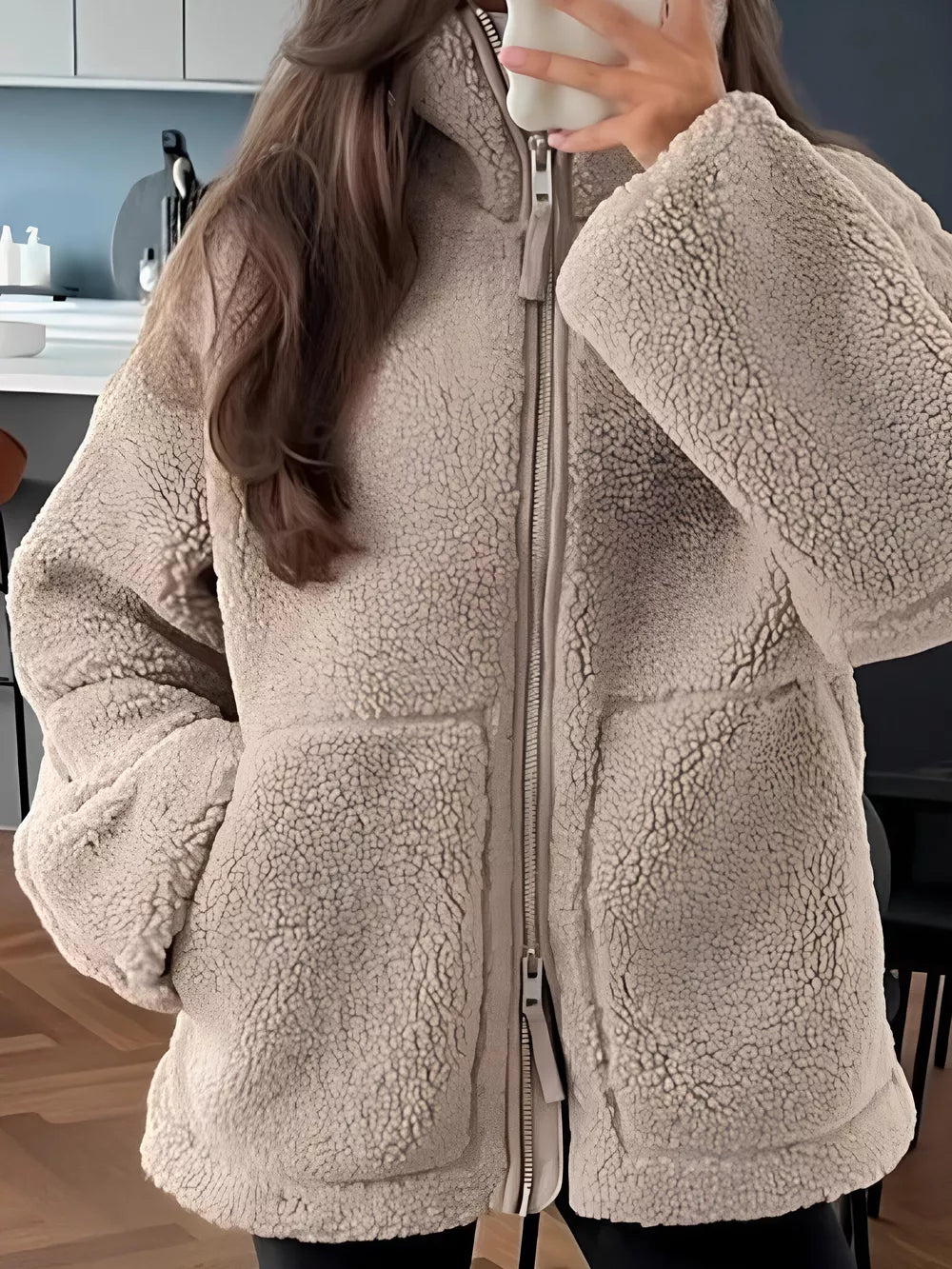 Zip Up Turtleneck Long Sleeve Plush Jacket in Dust Storm
