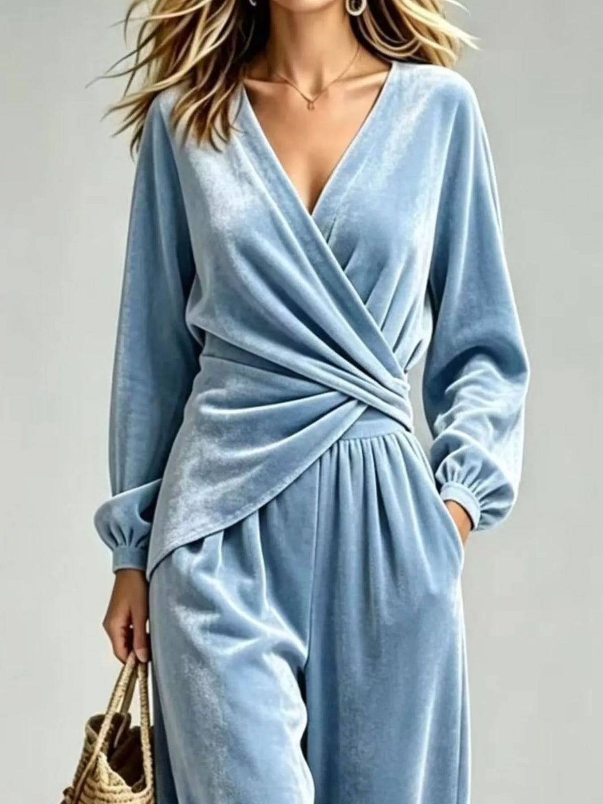 Velvet Wrap-Front Top and Pants Set