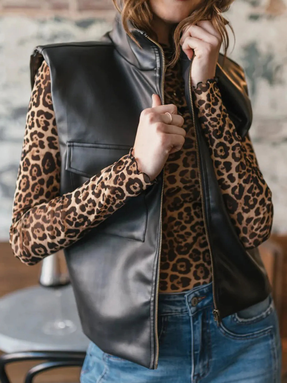 Leather Sleeveless Vest Coat with Zipper Closure in Black, view 2