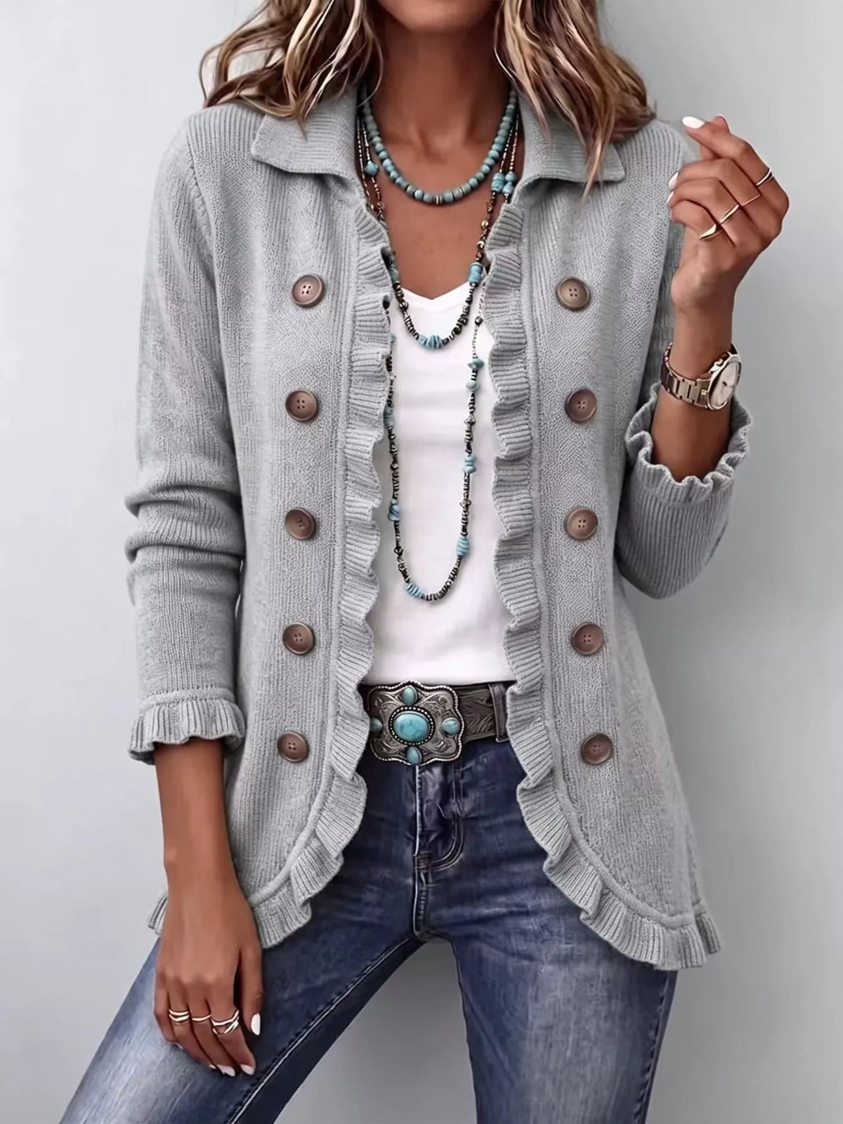 Full Size Ruffled Trim Decorative Button Cardigan Plus Size - Lilixa.store