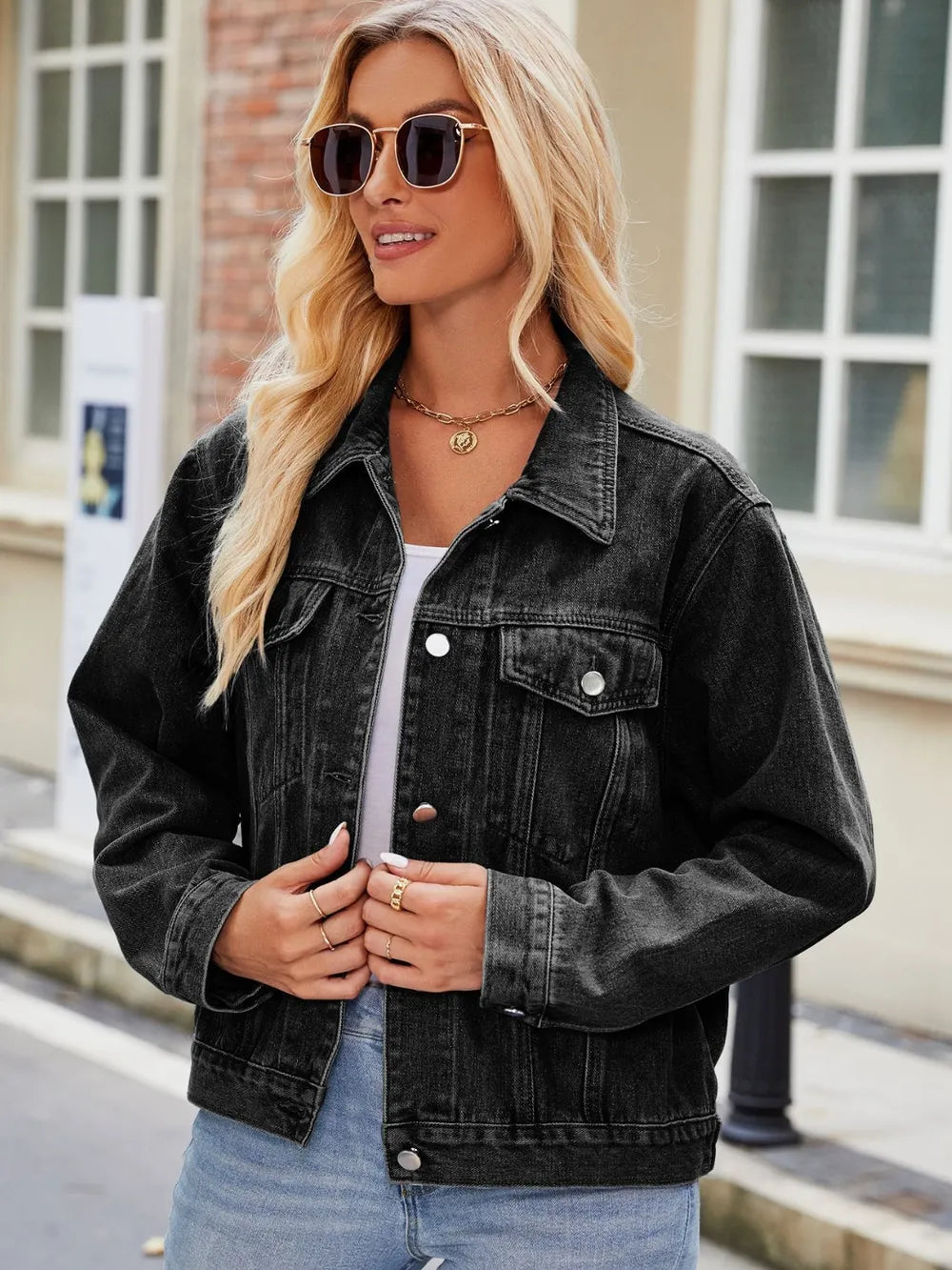 Pocketed Collared Neck Denim Jacket in Black, view 3
