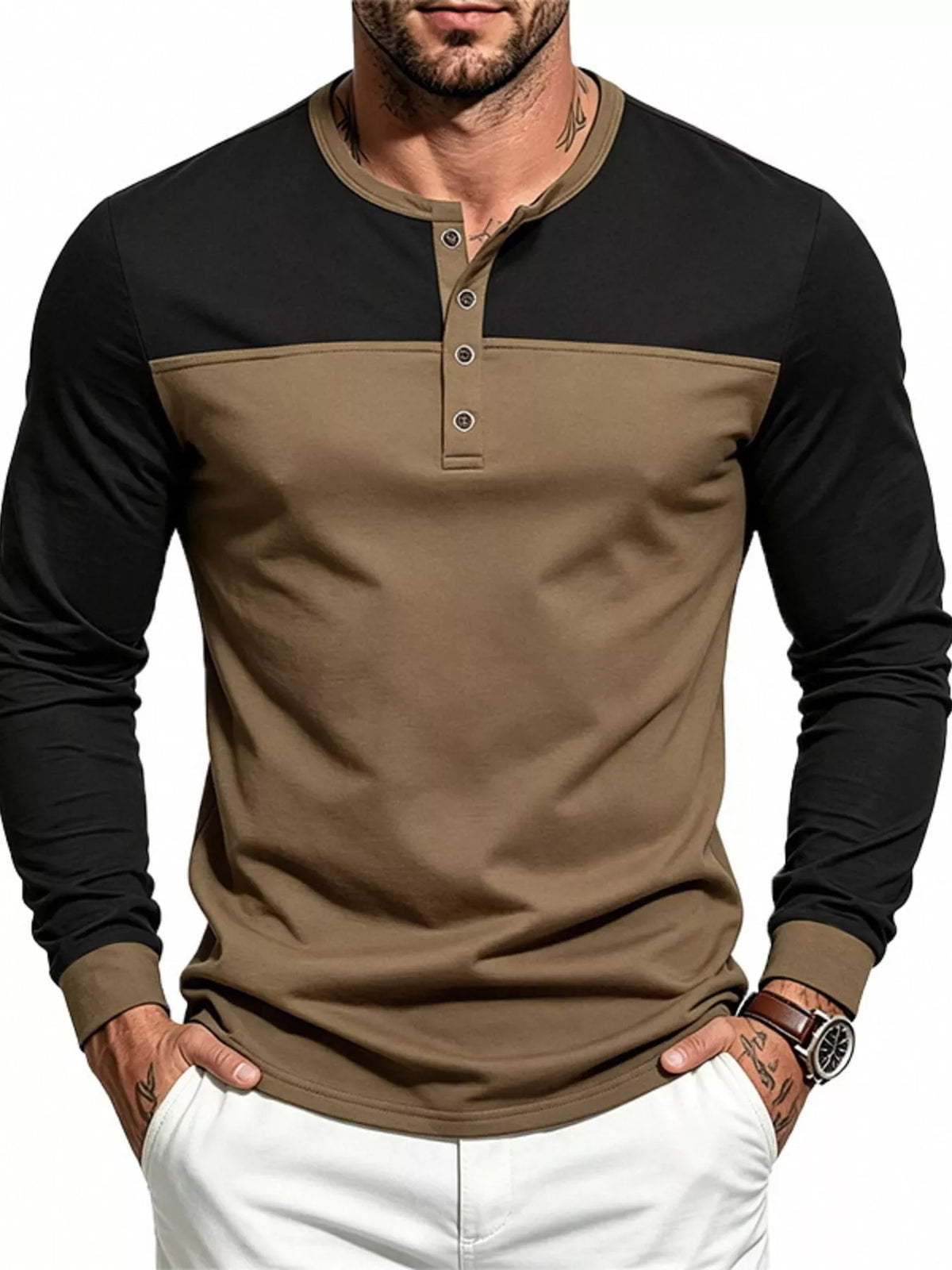 Men's Full Size Color-Block Long Sleeve Henley T-Shirt Plus Size - Lilixa.store