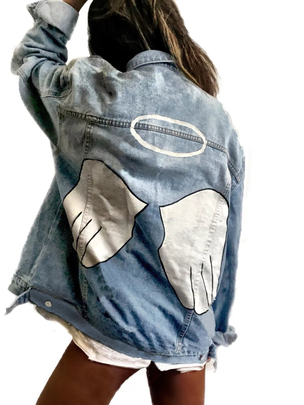 Full Size Angel Wings Graphic Back Denim Jacket Plus Size