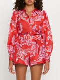 Printed Long Sleeve Belted Romper - Lilixa.store