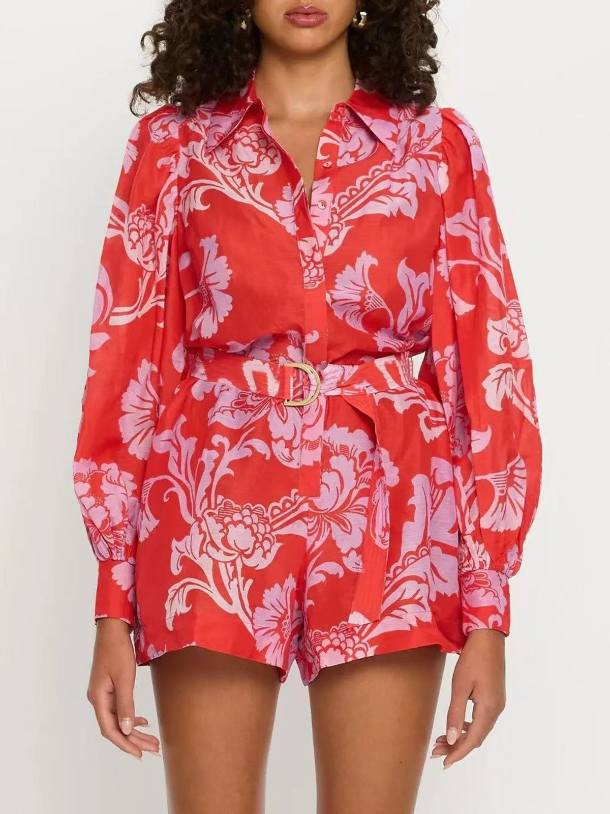 Printed Long Sleeve Belted Romper – image 1 | Lilixa