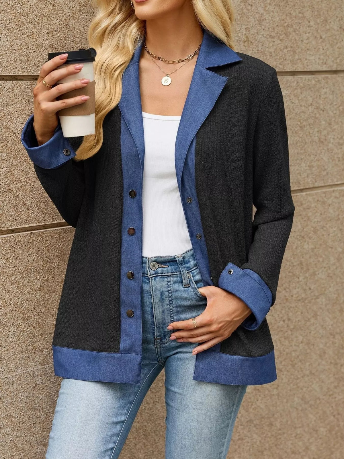 Contrast Denim Lapel Collar Outerwear - Lilixa.store