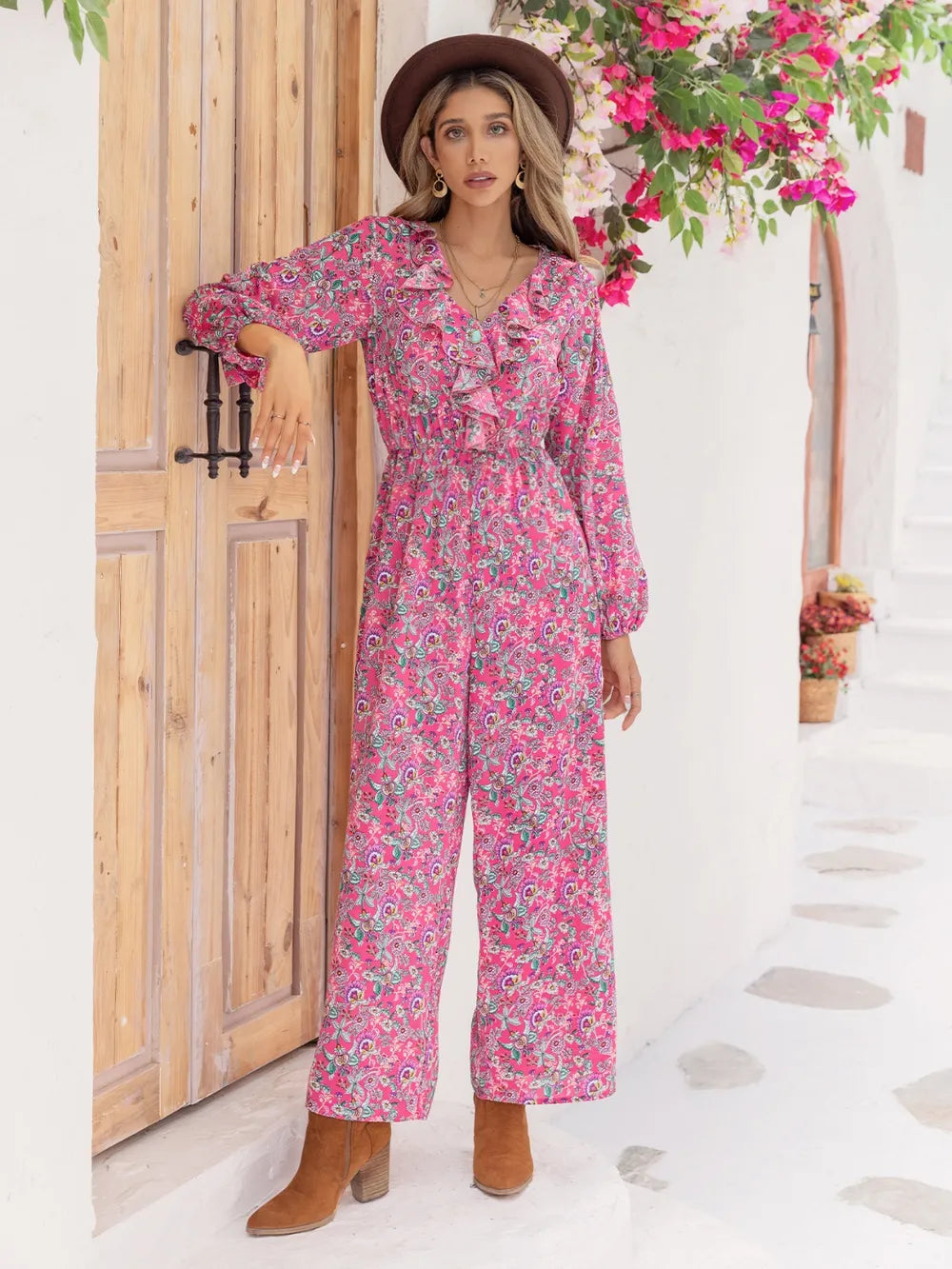 Printed Ruffled V-Neck Balloon Sleeve Jumpsuit - Lilixa.store
