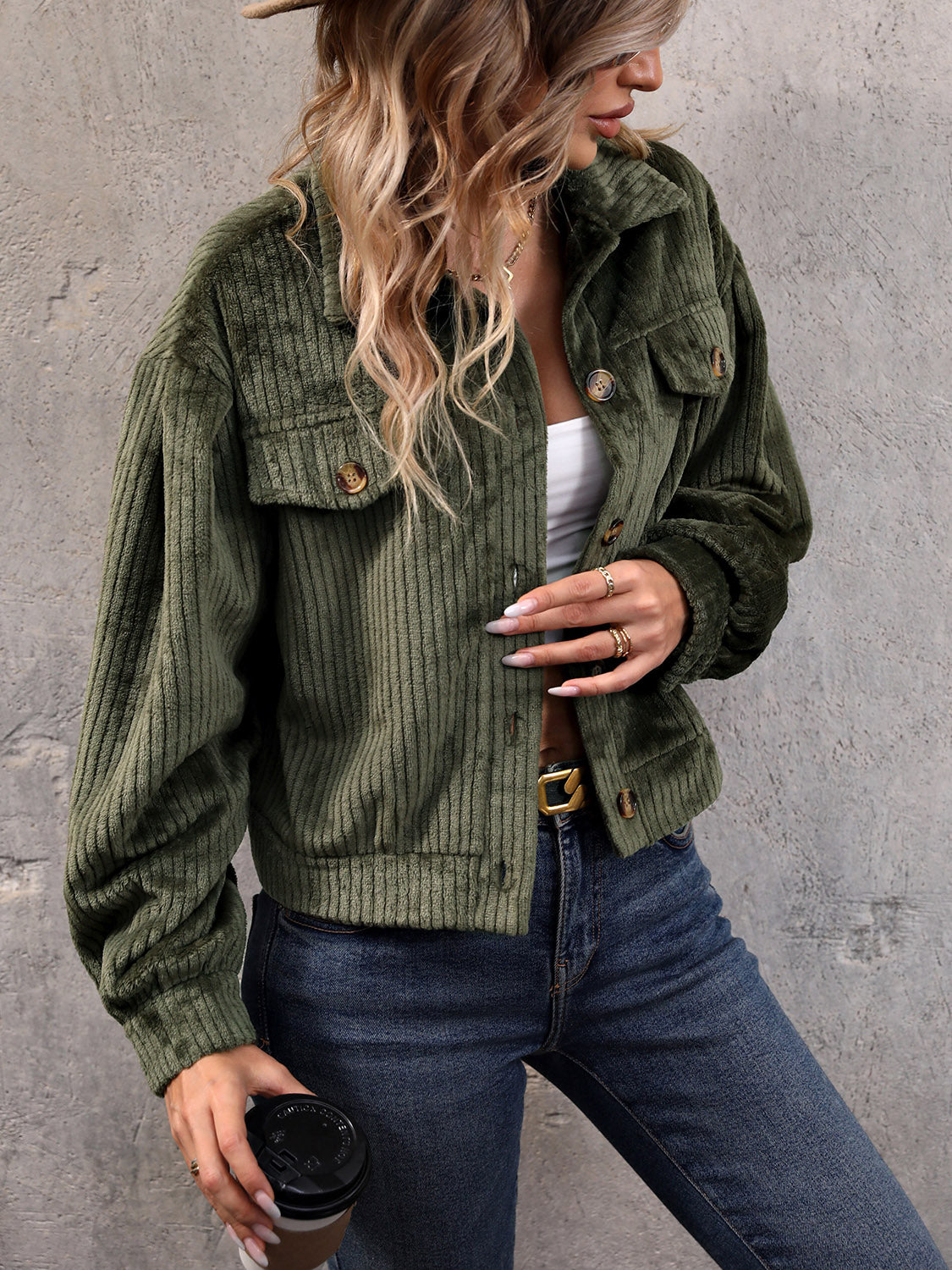 Perfee Collared Neck Button Front Jacket with Pockets in Moss, view 3