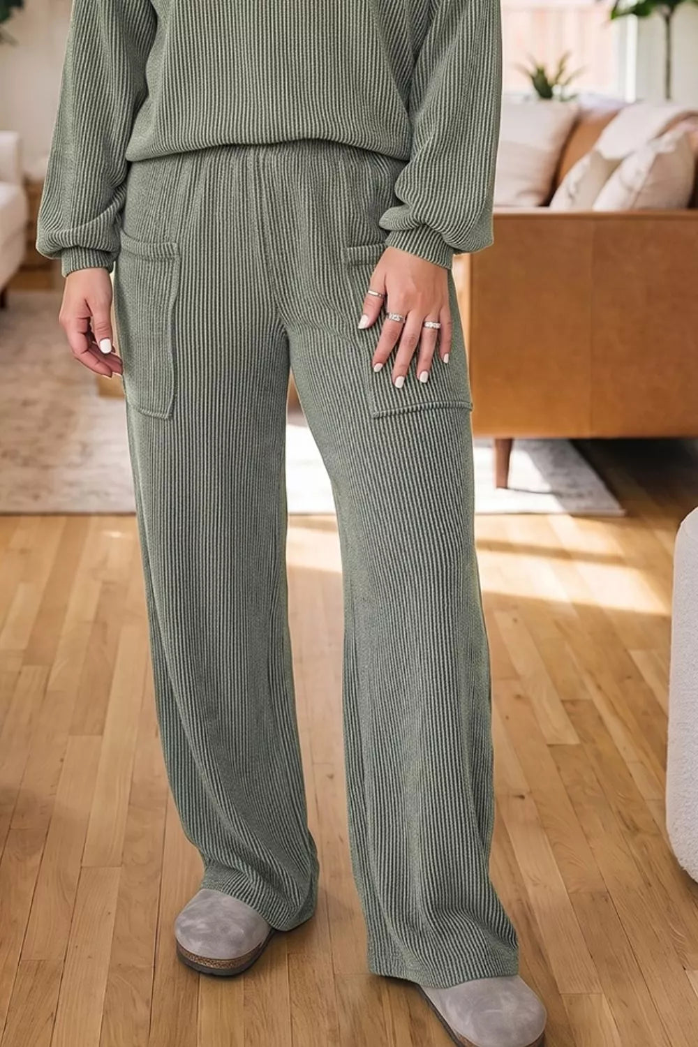 Plus Size Twisted Ribbed Exposed Seam Detail V Neck Top and Pants Set - Lilixa.store