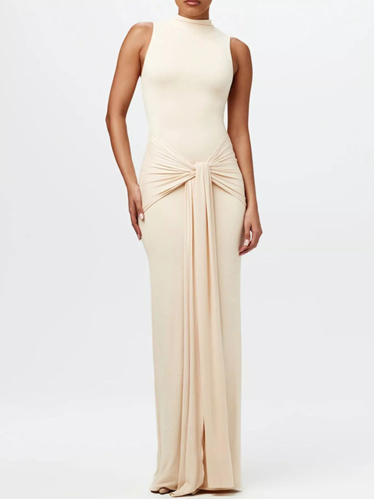 Sleeveless Mock Neck Knot Front Maxi Dress - Lilixa.store