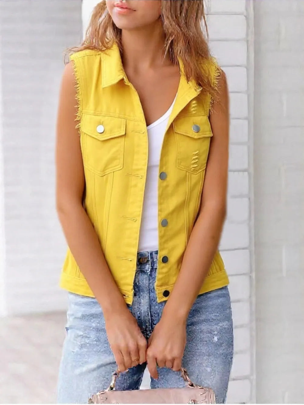 Full Size Button Down Raw Hem Sleeveless Denim Jacket Plus Size in Yellow