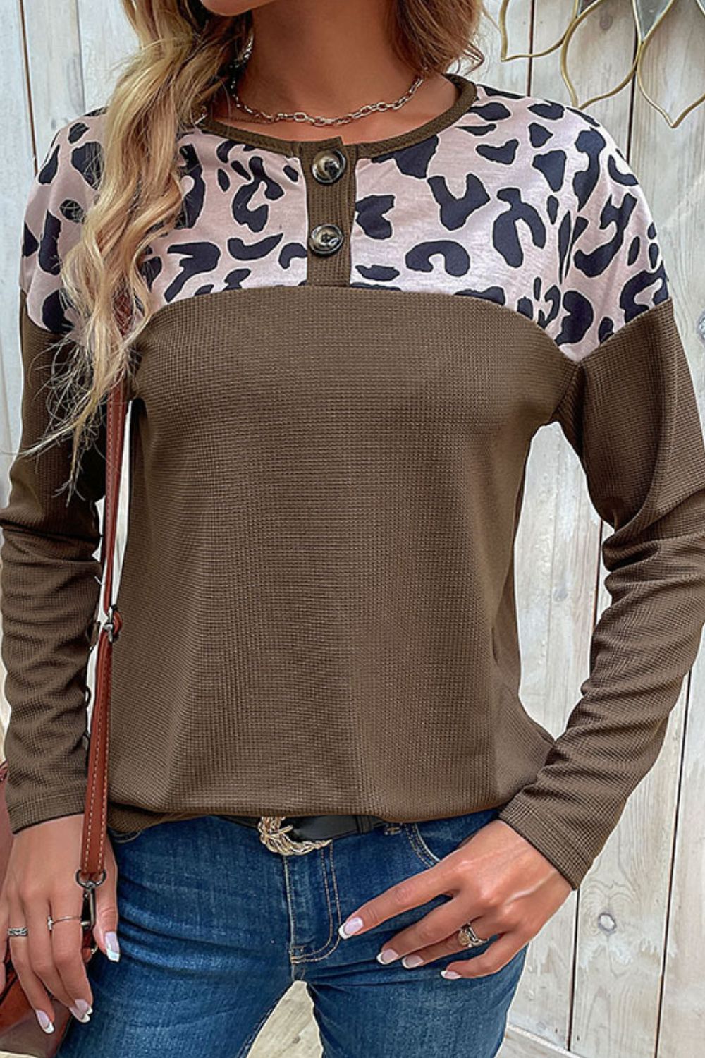 Perfee Leopard Buttoned Round Neck Drop Shoulder Top in Taupe, view 4