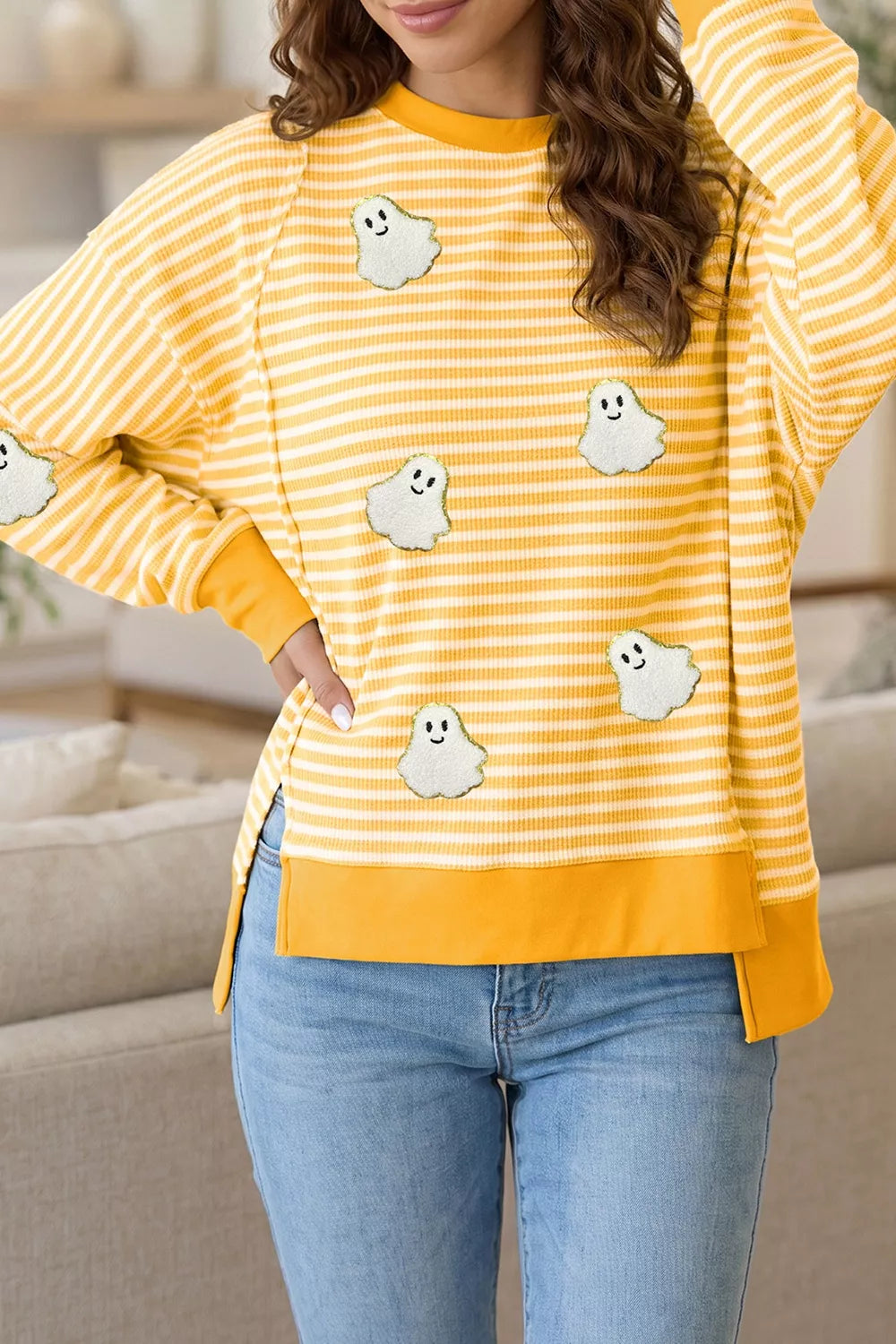 Stripe Halloween Ghost Patch Round Neck Long Sleeve Top - Lilixa.store