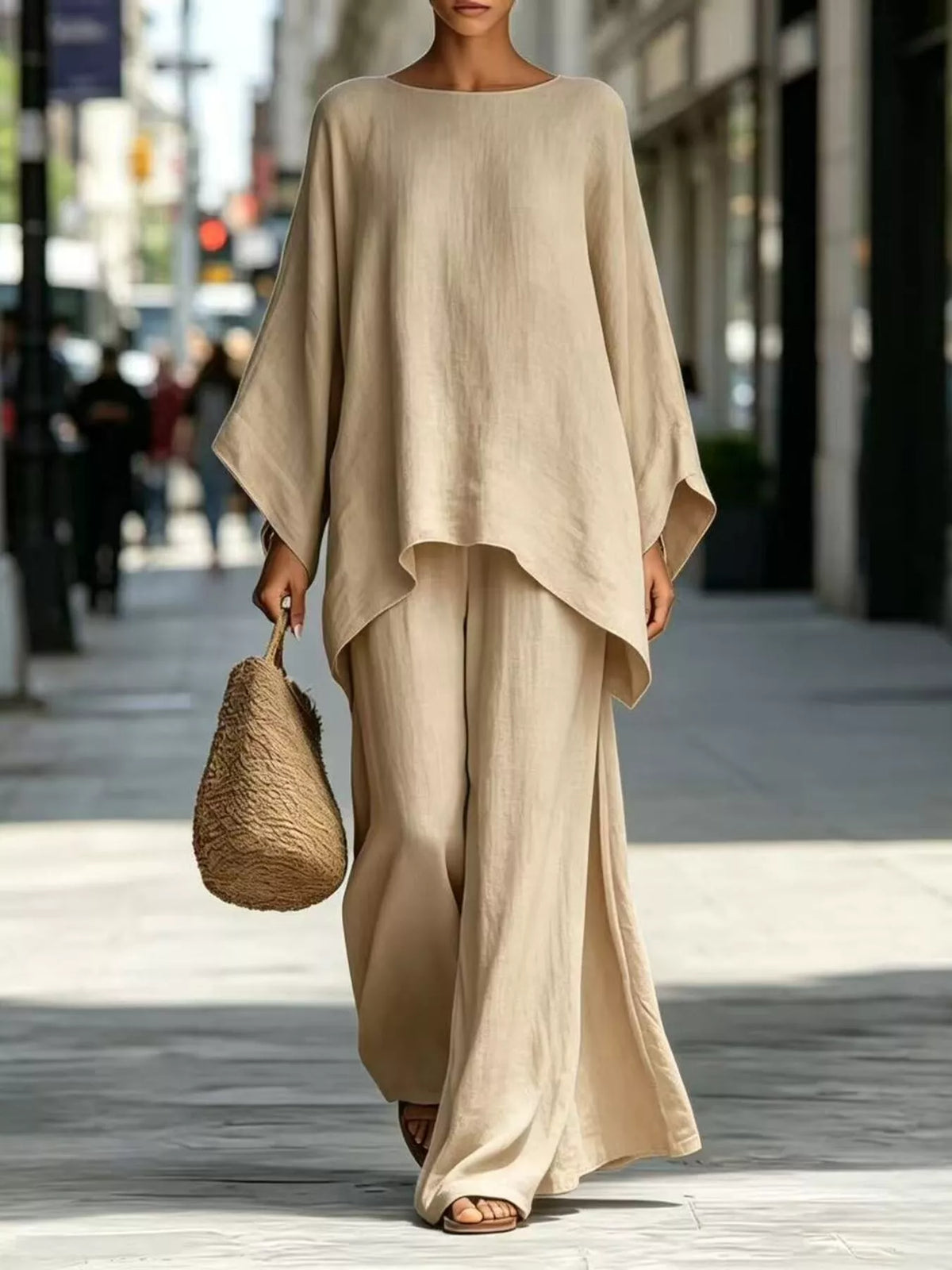 Full Size Batwing Sleeve Top and Wide-Leg Pants Set Plus Size in Khaki