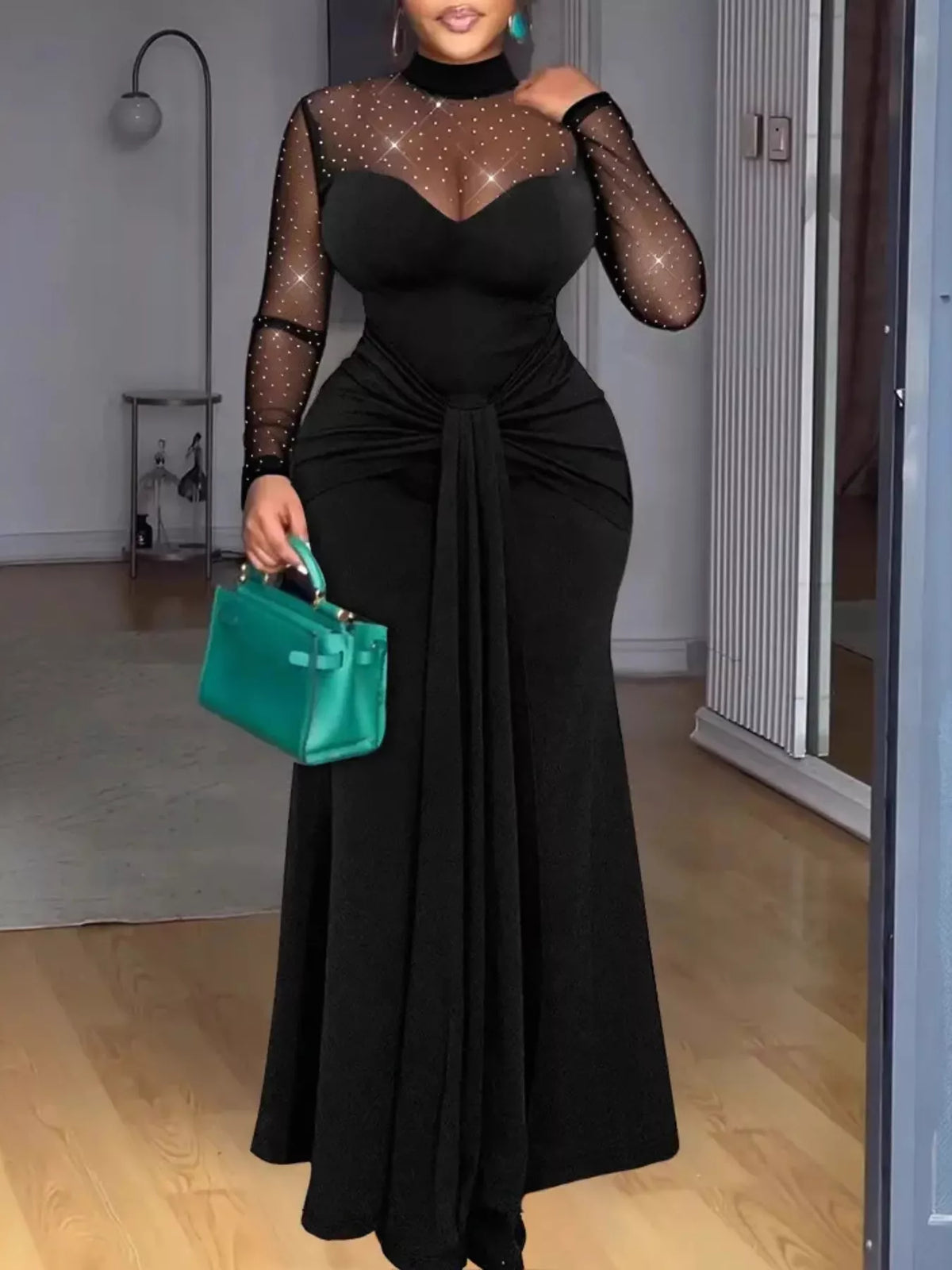 Mesh Mock Neck Long Sleeve Maxi Dress - Lilixa.store
