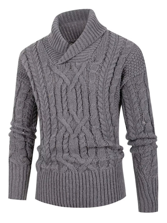 Men's Plus Size Shawl Collar Cable Knit Sweater in Grey