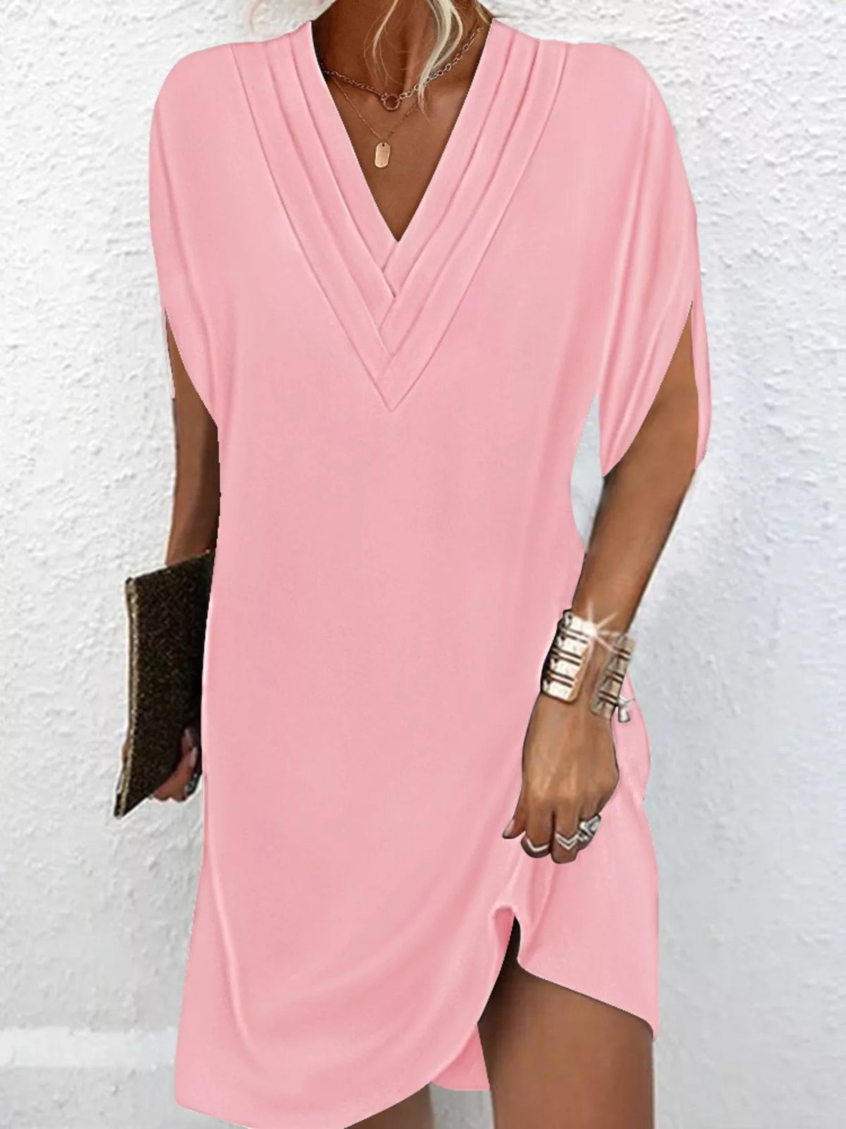 Full Size V-Neck Slit Sleeve Mini Dress Plus Size - Lilixa.store
