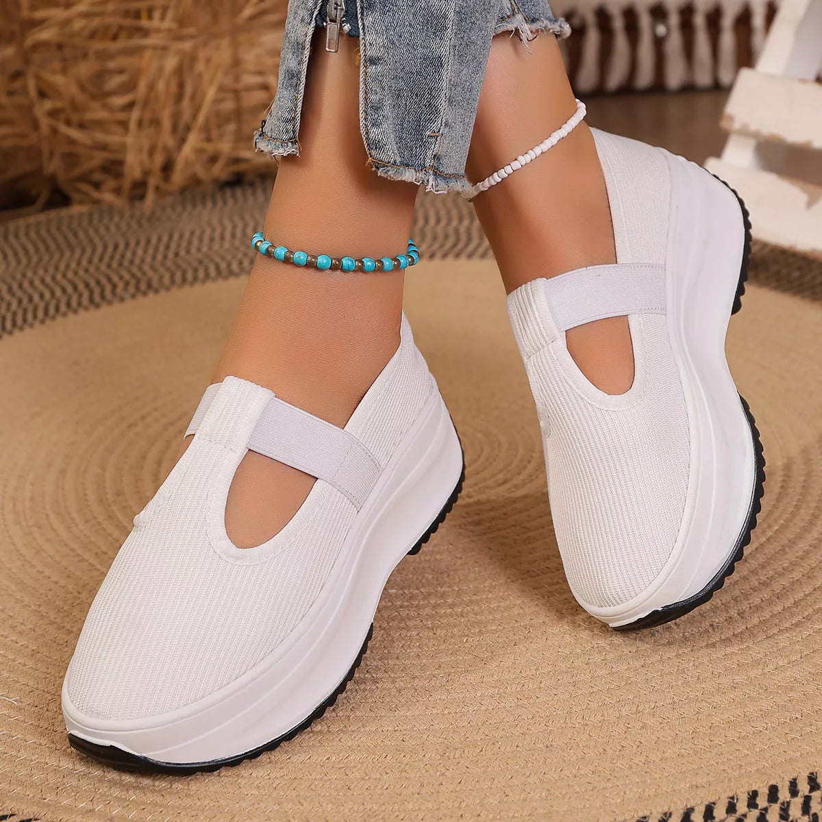 Round Toe Platform Slip-Ons in White