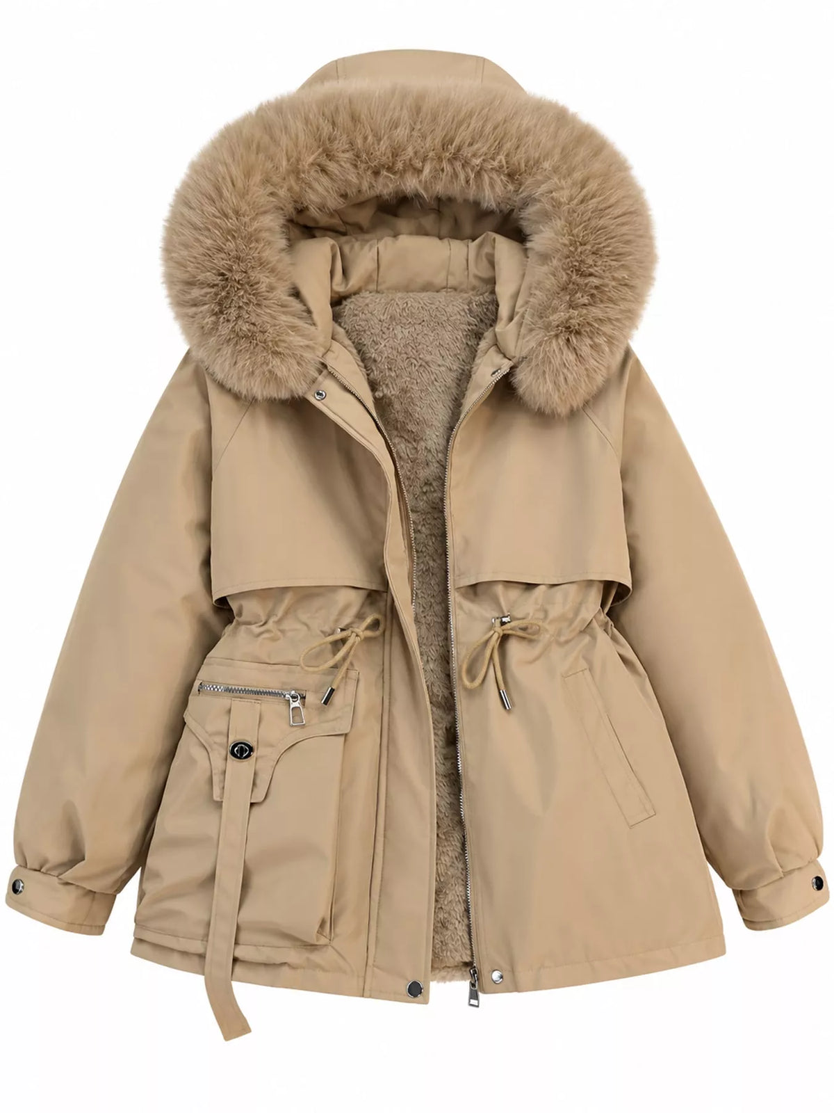 Plus Size Faux Fur Hooded Drawstring Waist Winter Parka Outerwear in Khaki
