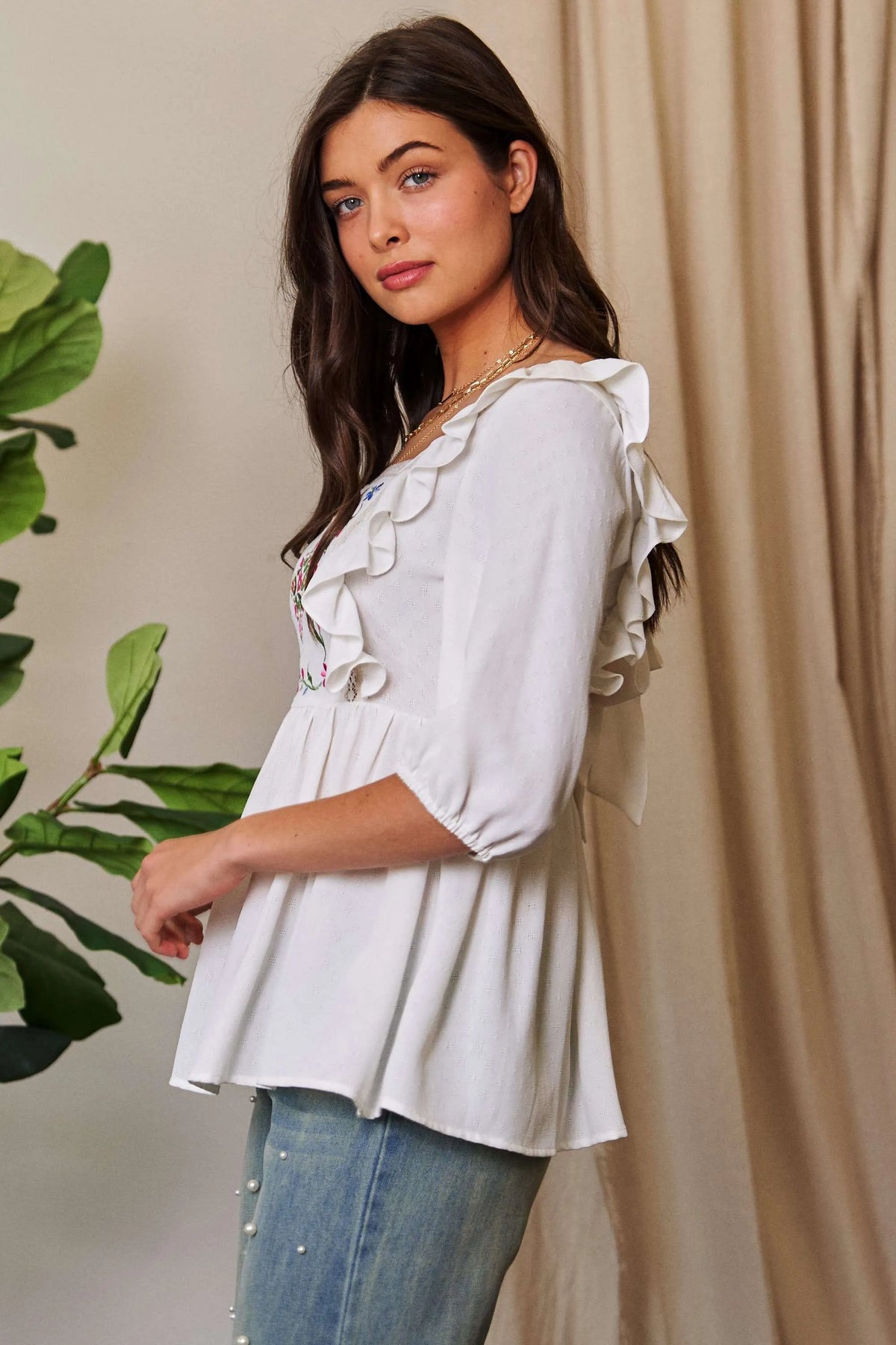 Davi & Dani Texture Tie Back Floral Embroidery Frill Blouse - Lilixa.store