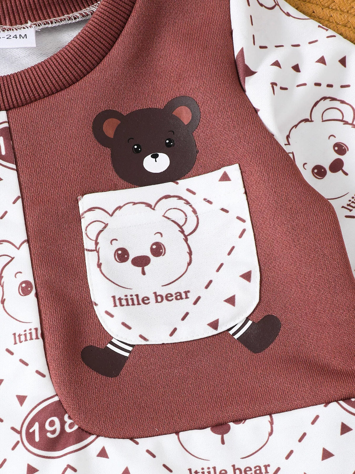 Children's Bear Print Long Sleeve Sweatshirt and Pants Set in Dark Brown, view 2