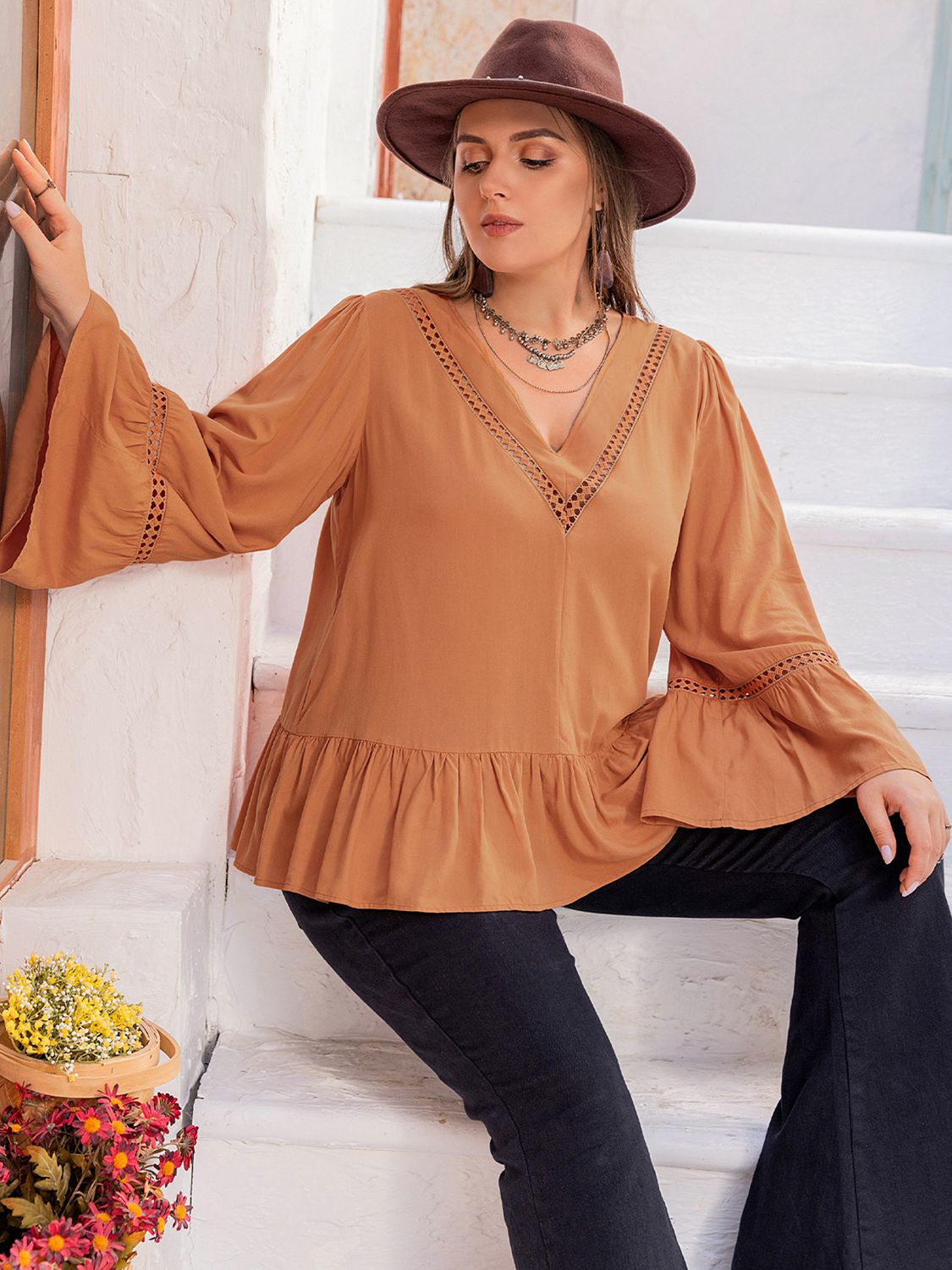 Plus Size V-Neck Peplum Blouse in Caramel, view 5