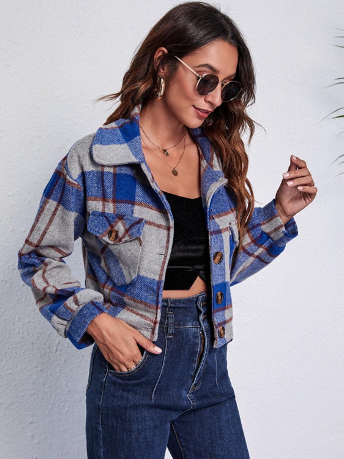 Plaid Button Front Jacket with Pockets in Gray