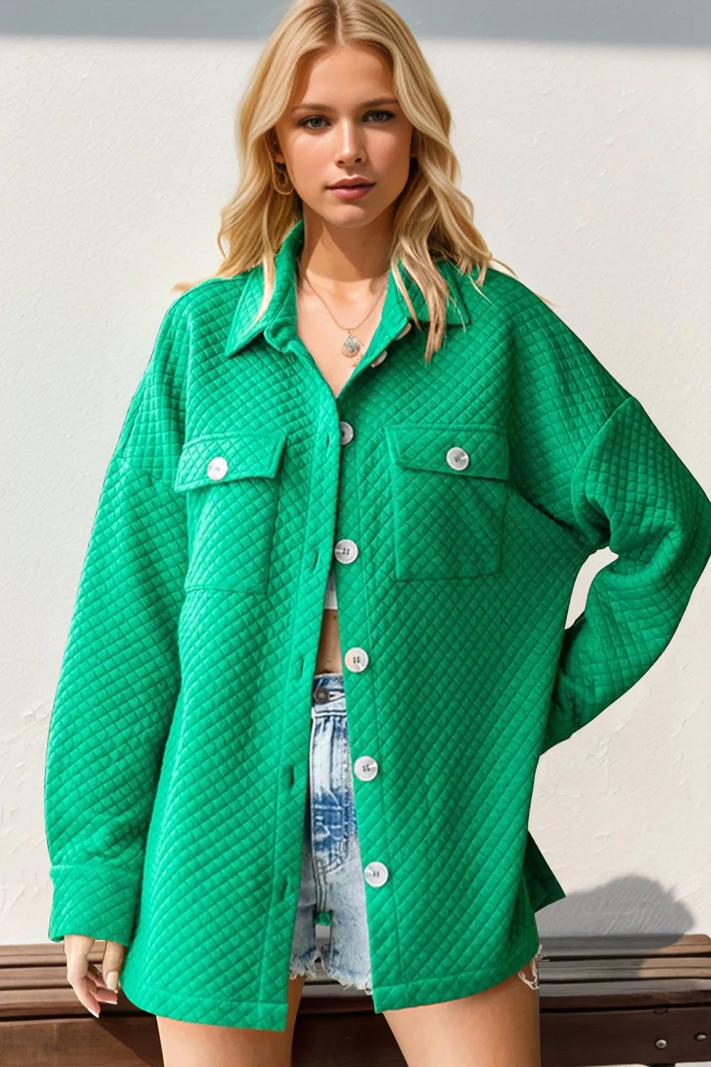 Double Take Full Size Textured Button Up Drop Shoulder Shacket in Green