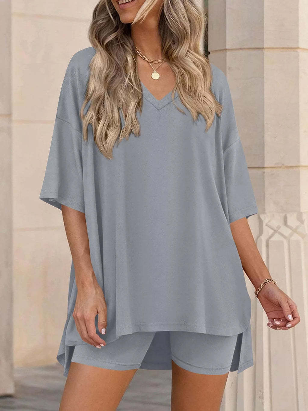 Full Size Casual Loose V-Neck T-Shirt & Shorts Set Plus Size - Lilixa.store