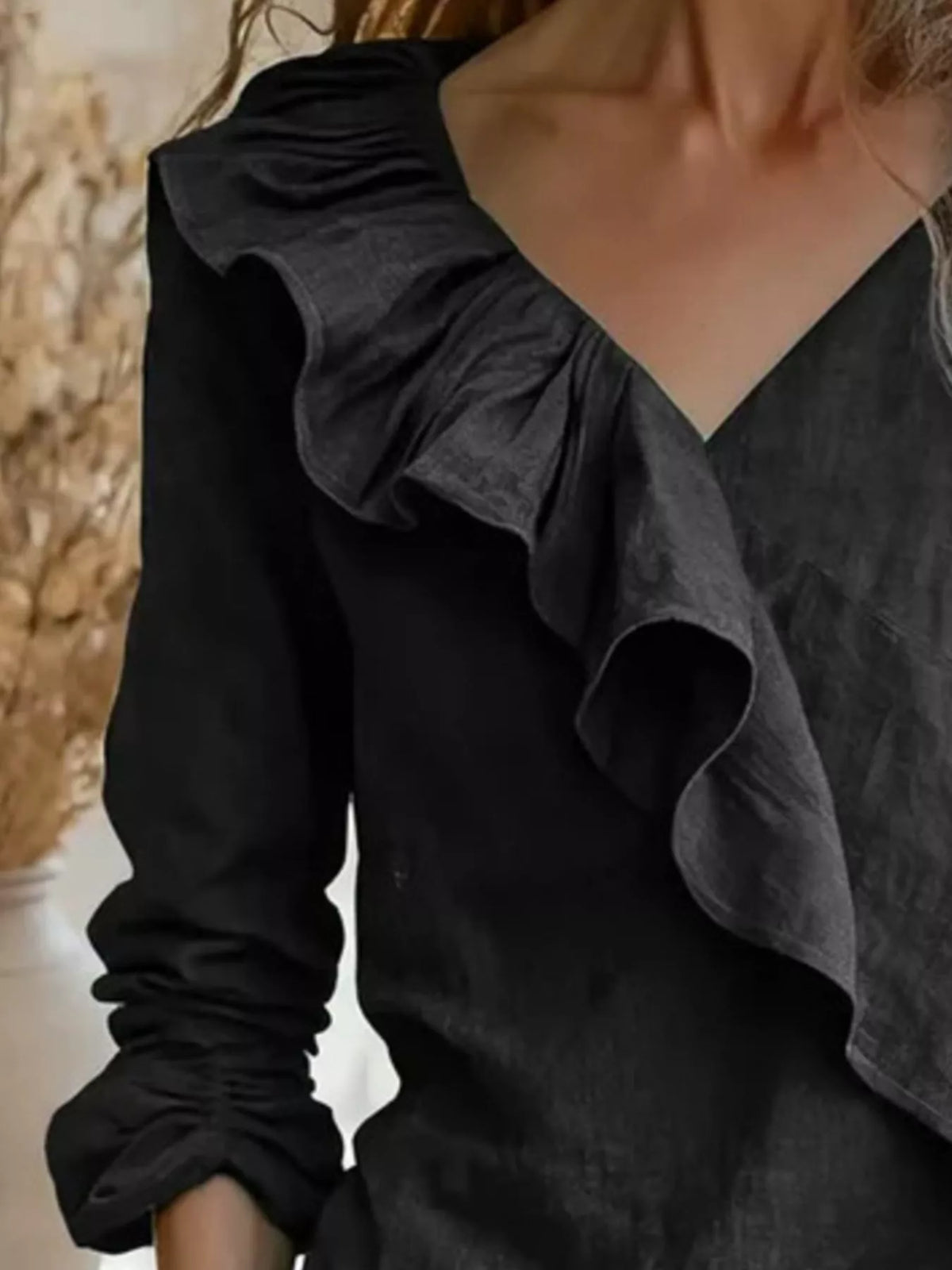 V-Neck Ruffled Long Sleeve Blouse - Lilixa.store
