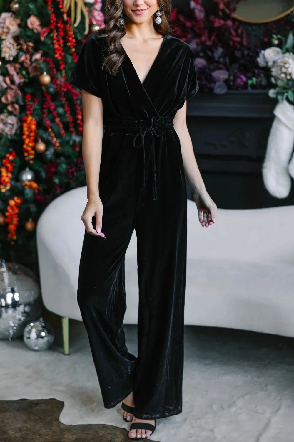 Drawstring Surplice Short Sleeve Jumpsuit - Lilixa.store