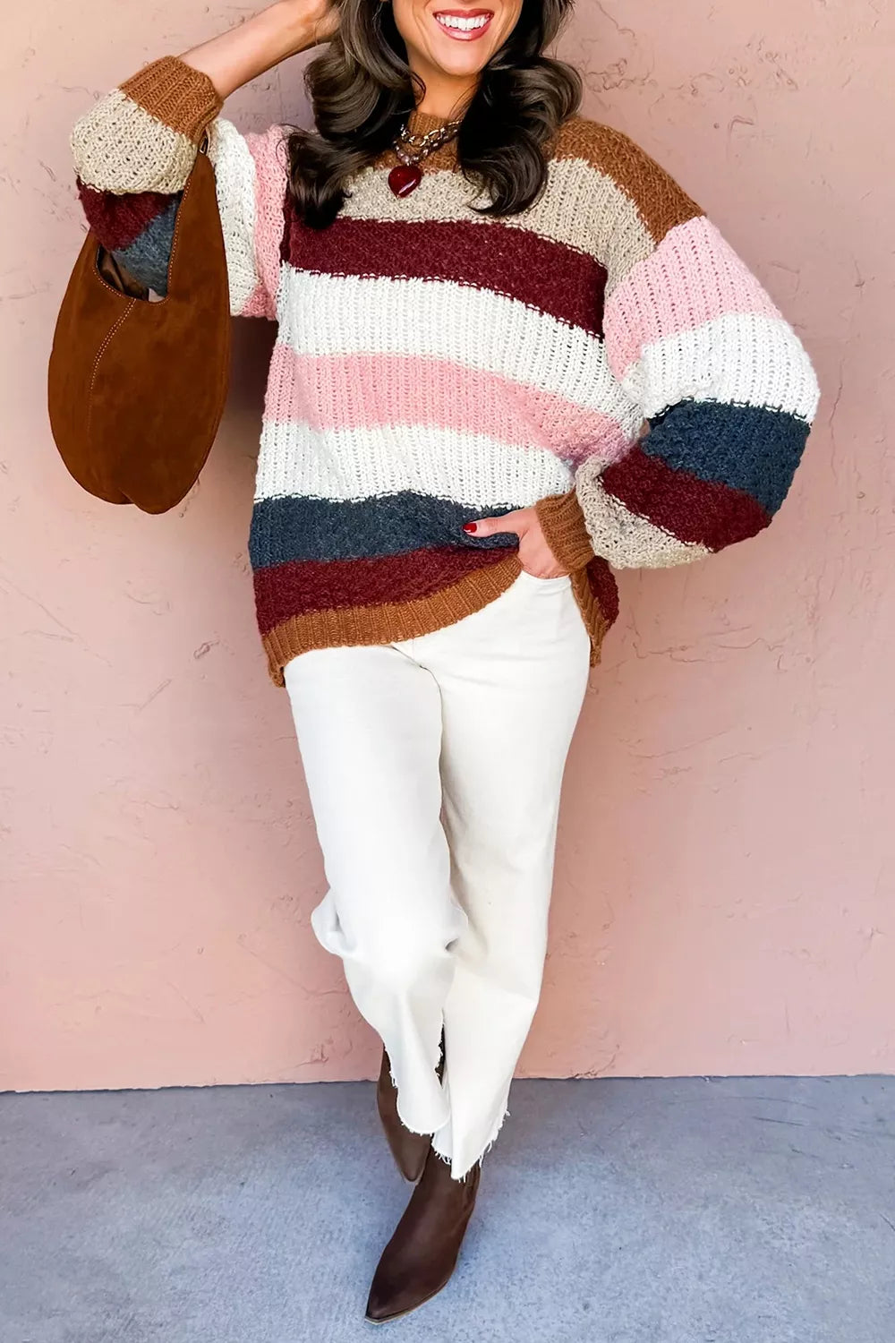 Striped Knit Dropped Shoulder Round Neck Sweater