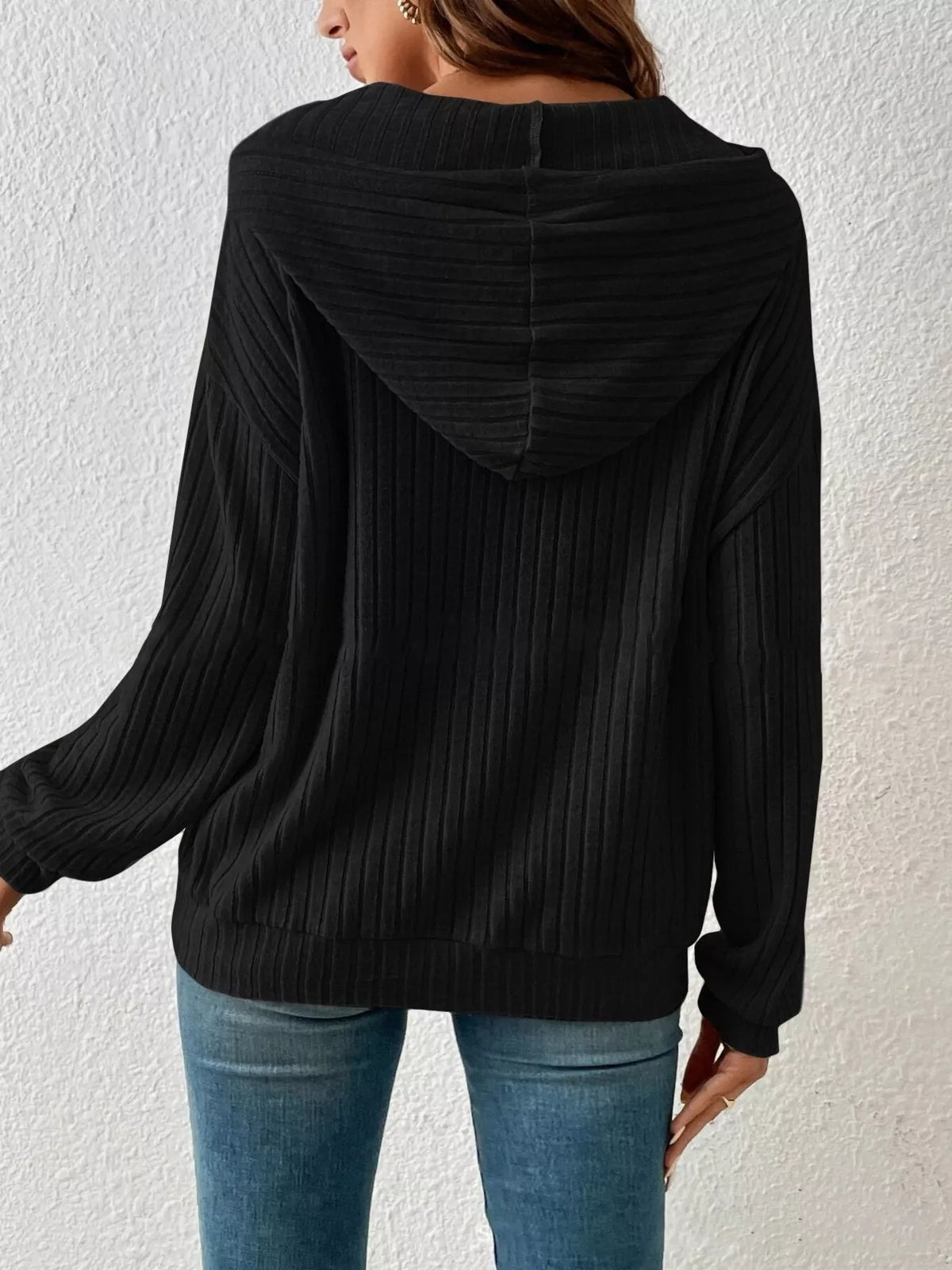 Casual Ribbed Knit Drawstring Hoodie - Lilixa.store